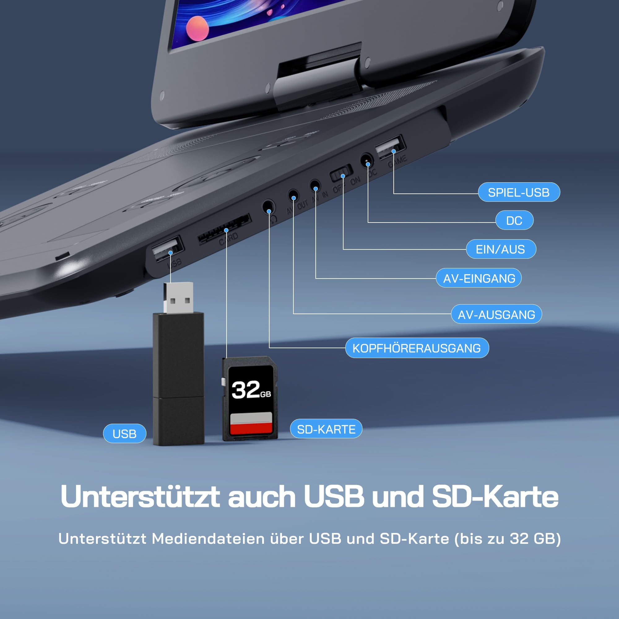 WOLFANG 17,5 Zoll Aufladbarer Tragbarer DVD-Player, 15,6 Zoll HD Bildschirm, 6 Stunden Spielzeit, Sync TV/Beamer, USB/SD Kompatibel, Regionsfrei (Schwarz)