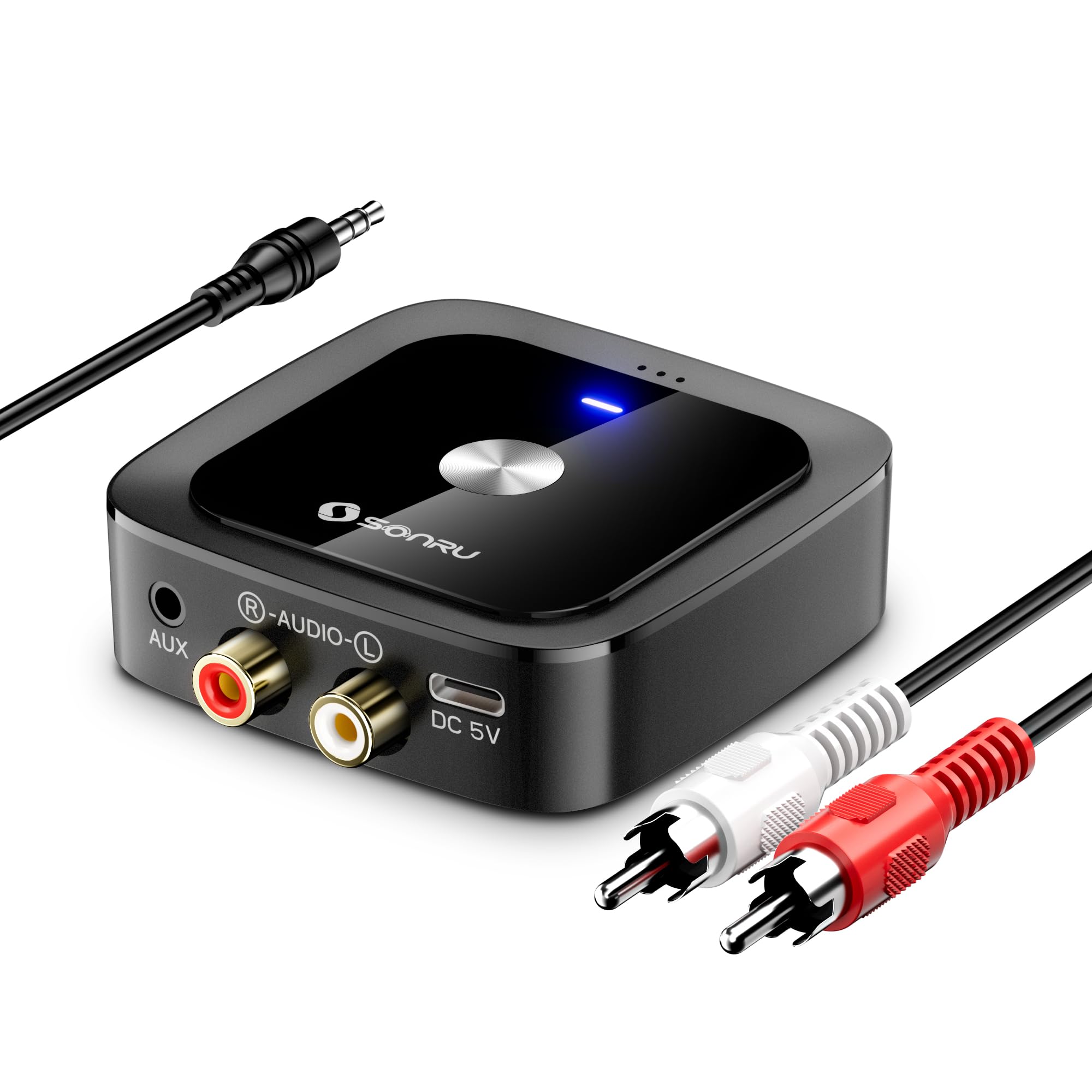 SONRU Bluetooth 6.0 Adapter Empfänger Klinke, Aux Bluetooth Receiver Audio Adapter Stereo mit 3 5mm Klinke und RCA Kabel für Stereoanlage Lautsprecher, Autoradio, Verstärker