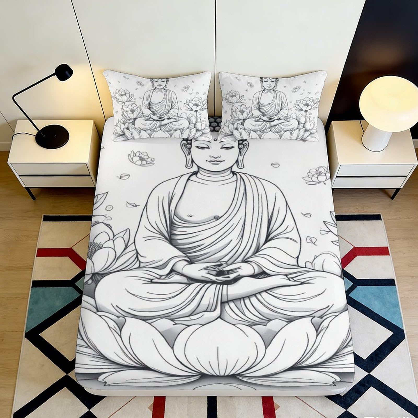 3D Printed Buddha Lotus Fitted Sheet Microfiber Anti-Slip Bed Cover Meditation Zen Decor for Bedroom Dorm Guest Room 120x200x25cm