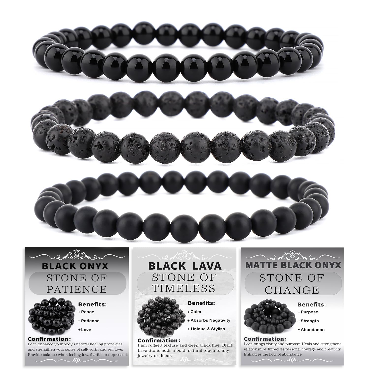 NCB 3-Piece Natural Crystal Gemstone Stretch Bracelets - Black Lava, Black Onyx, Matte Black Agate (6mm Beads) | Handmade Reiki Energy Healing Jewelry - main product image