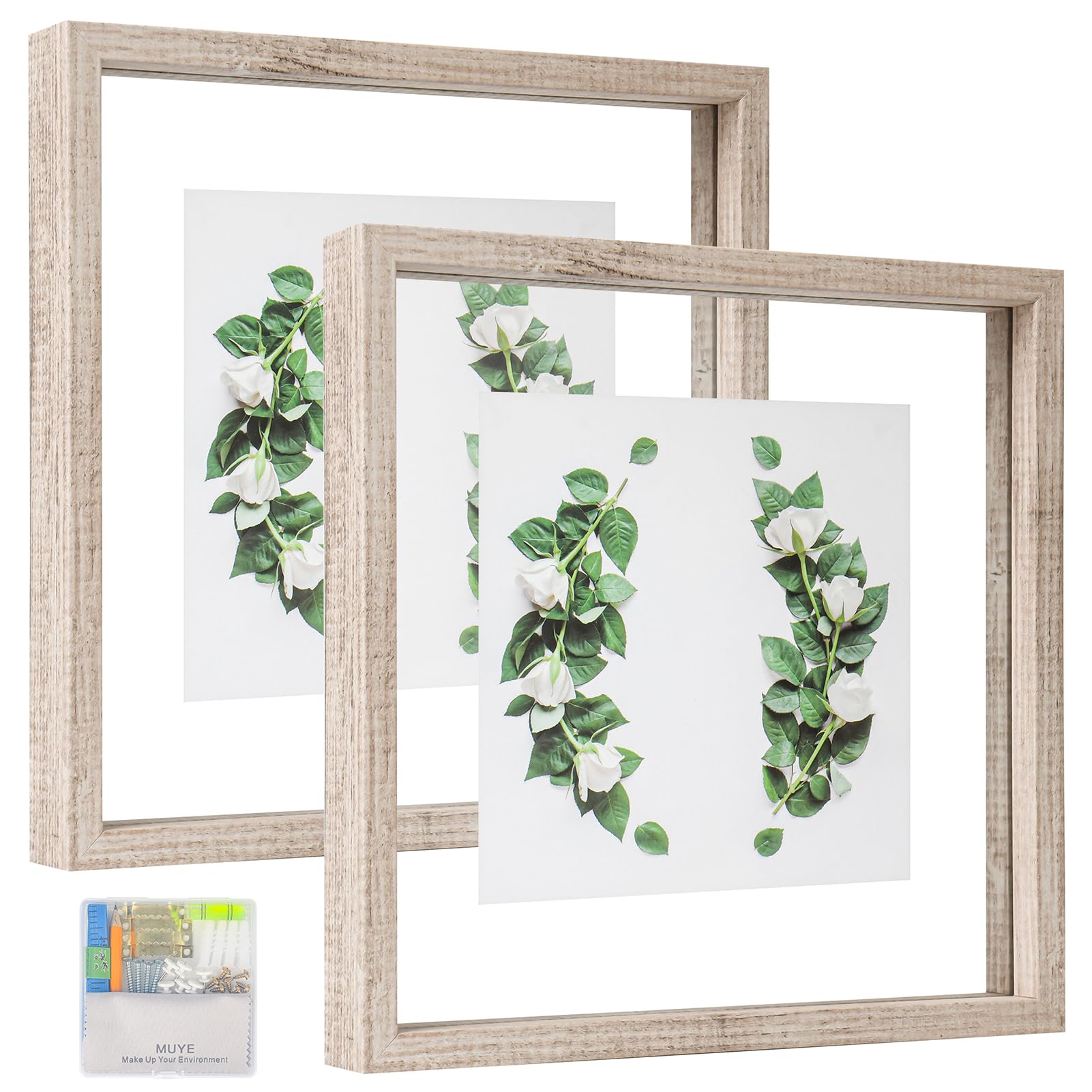 MUYE 10x10 Floating Frame Distressed Beige White Wood Pattern,Double Glass Square Picture Frame Display Any Size Photo up to 10x10,Wall Mount or