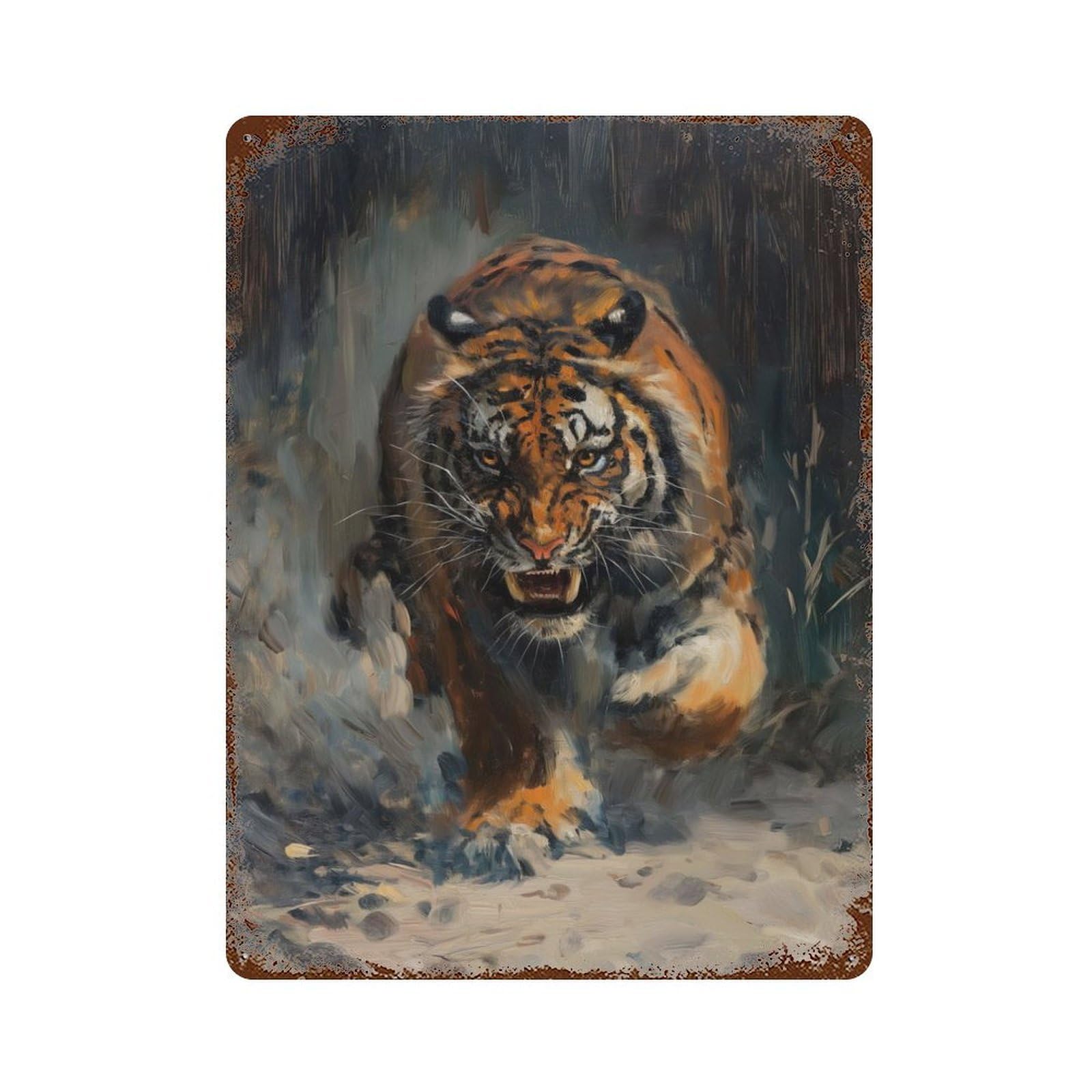Rust Effect Tin Sign with Tiger Angry Scary Hungry Design 15.7"x11.8", for Pub, Kitchen And Man Cave Decor, Industrial Home Decor