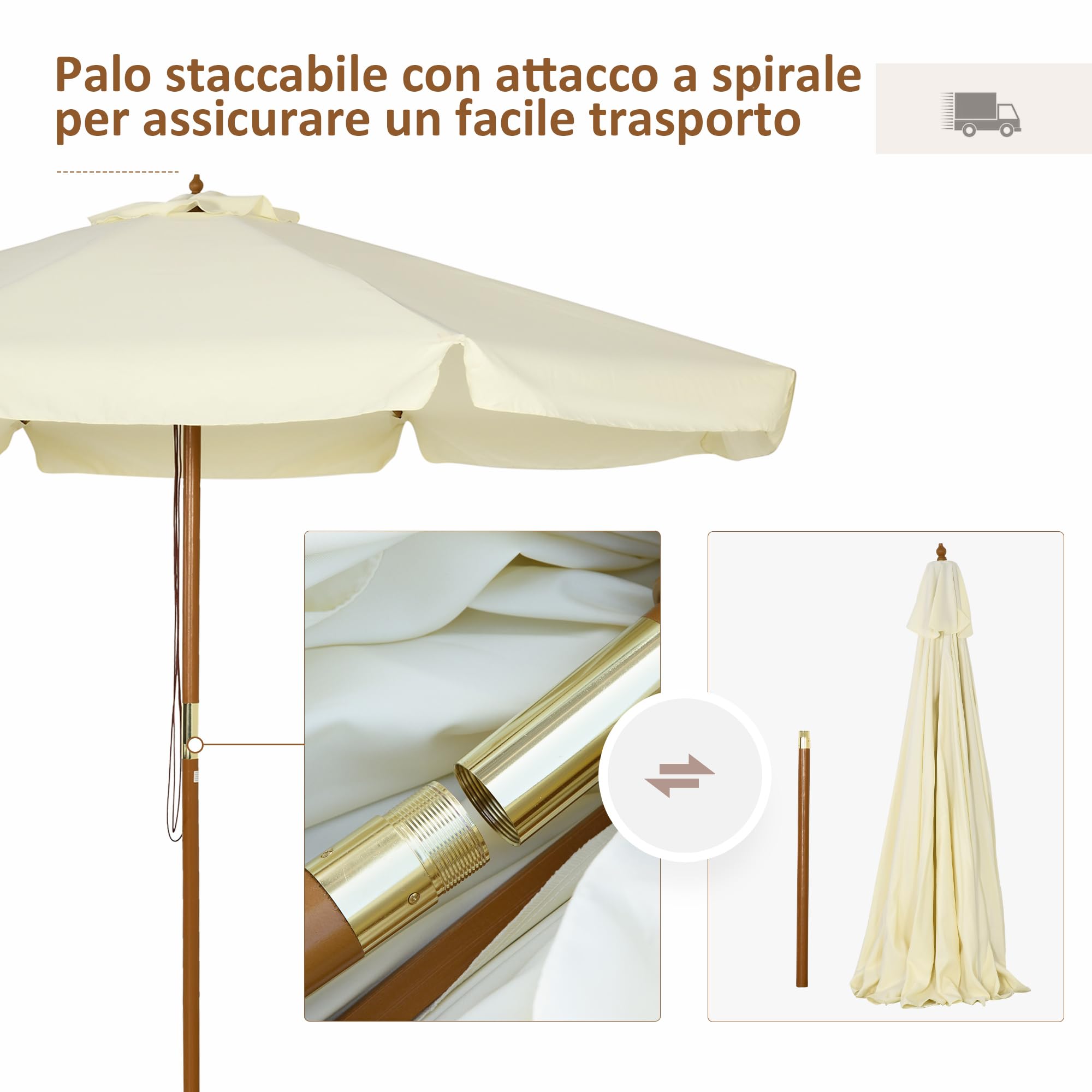 Outsunny Ombrellone da Giardino Ø3.25m con Corde, Apertura Regolabile e Prese d'Aria, Ombrellone da Esterno con 8 Stecche in Legno, Bambù e Poliestere 180g/㎡, per Cortile, Terrazza e Balcone