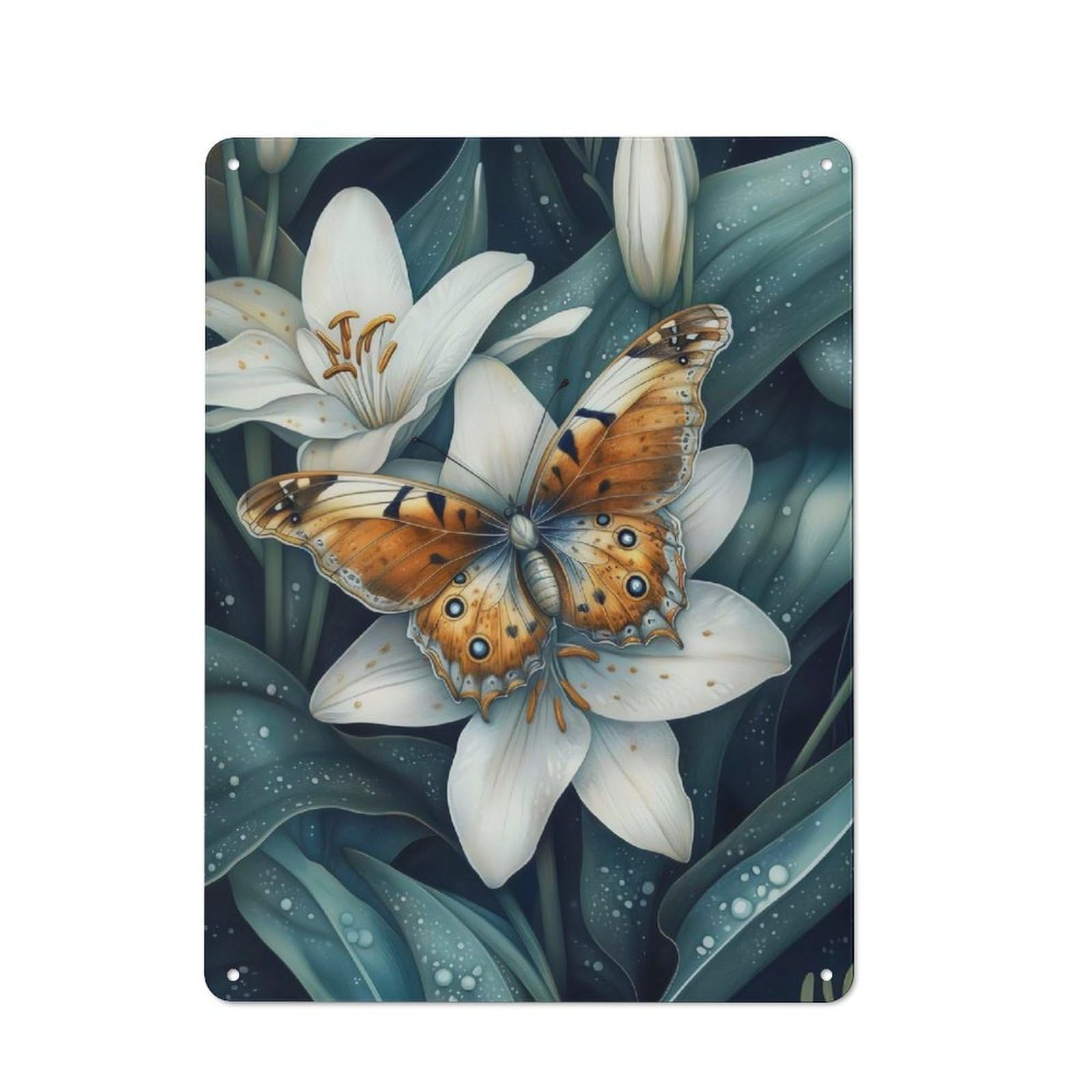 Junmoney Butterfly On Lily Metal Wall Sign 40X30cm Featuring For Garage Wall, A Housewarming Gift For People Furnishing A Garage