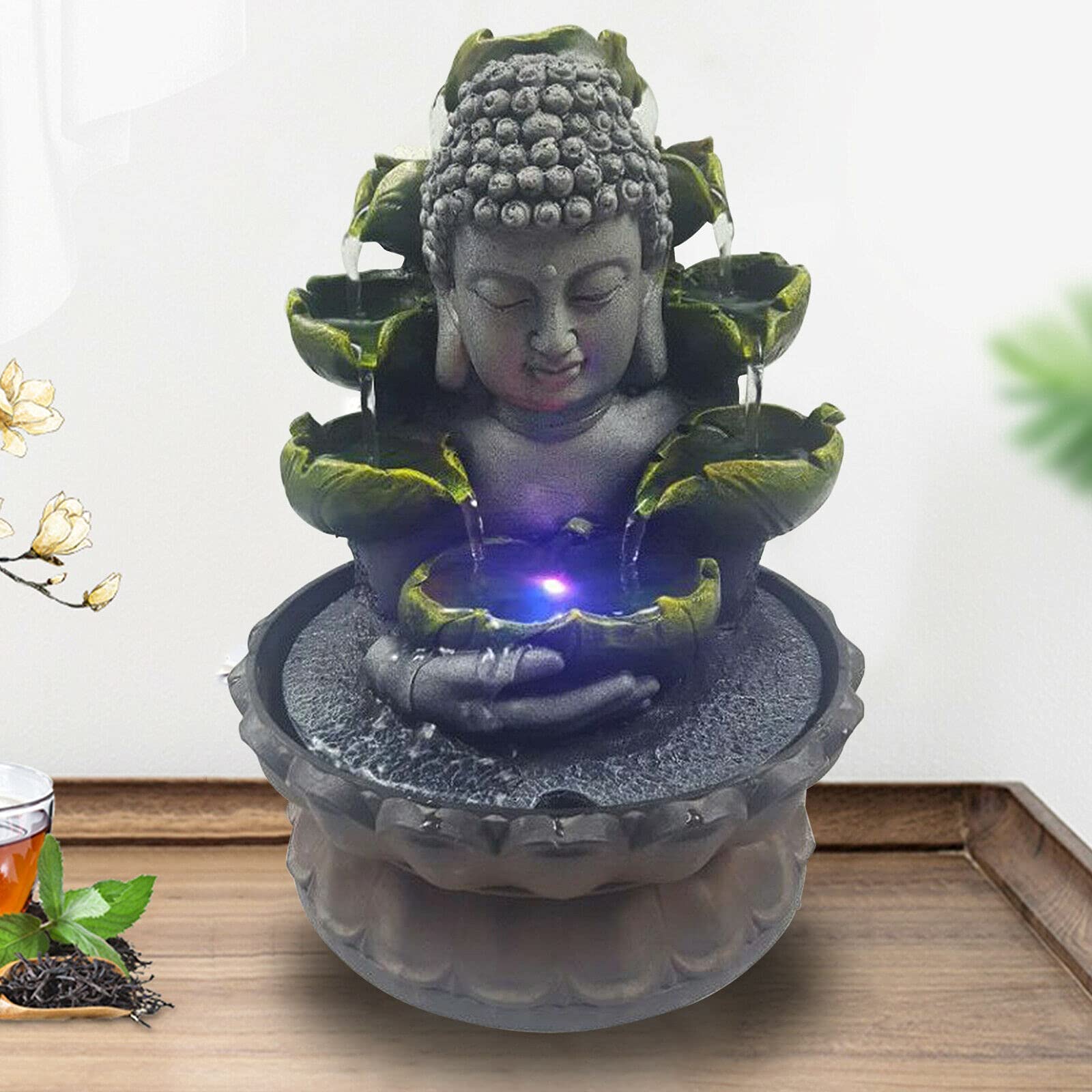 Fontaine d'intérieur Bouddha Décor d'intérieur en résine avec lampe LED 4 couleurs