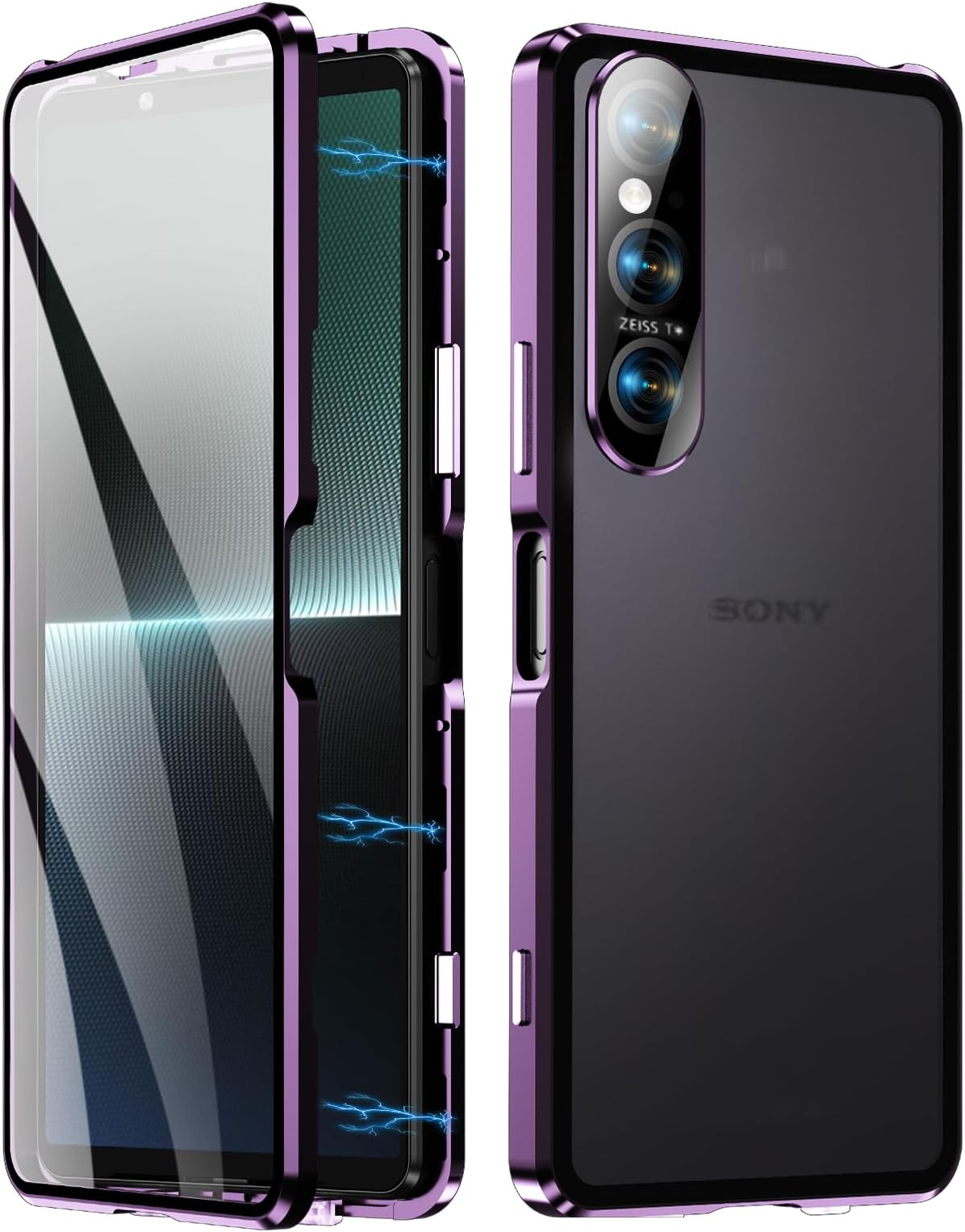 Case Compatible for Sony Xperia 1 VII, Magnetic Adsorption Metal Bumper Frame with Transparent Tempered Glass Screen Front and Back, 360 Degrees Protection Case, Camera Lens Protectors Cover,Purple