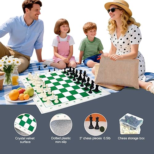 Miniatura 4 de Juego de ajedrez con tablero plegable verde y blanco de 19.7 x 19.7 pulgadas, piezas estándar sin peso de 3 pulgadas, juego de ajedrez de viaje