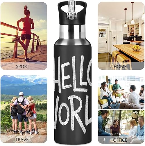 Miniatura 5 de Hello World - Botella de agua ligera y reutilizable estilo graffiti con tapa de boquilla a prueba de fugas, botellas aisladas al vacío de doble