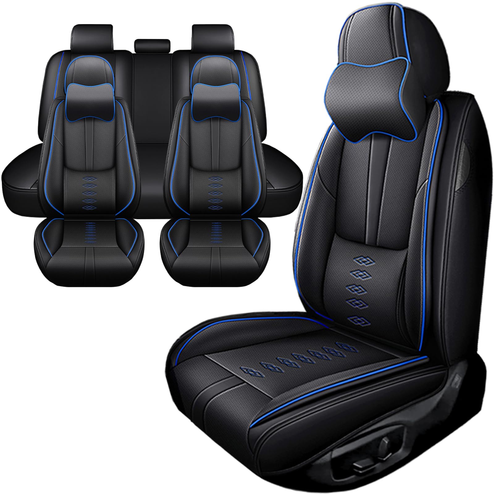 Car Seat Covers for Neon,for Dodge Neon 2000-2005,Leather Full Set Seat Covers,Airbag-Compatible Car Seat Protectors,Waterproof Seat Cover for Cars(Black+Blue,5PCS/with Pillows)