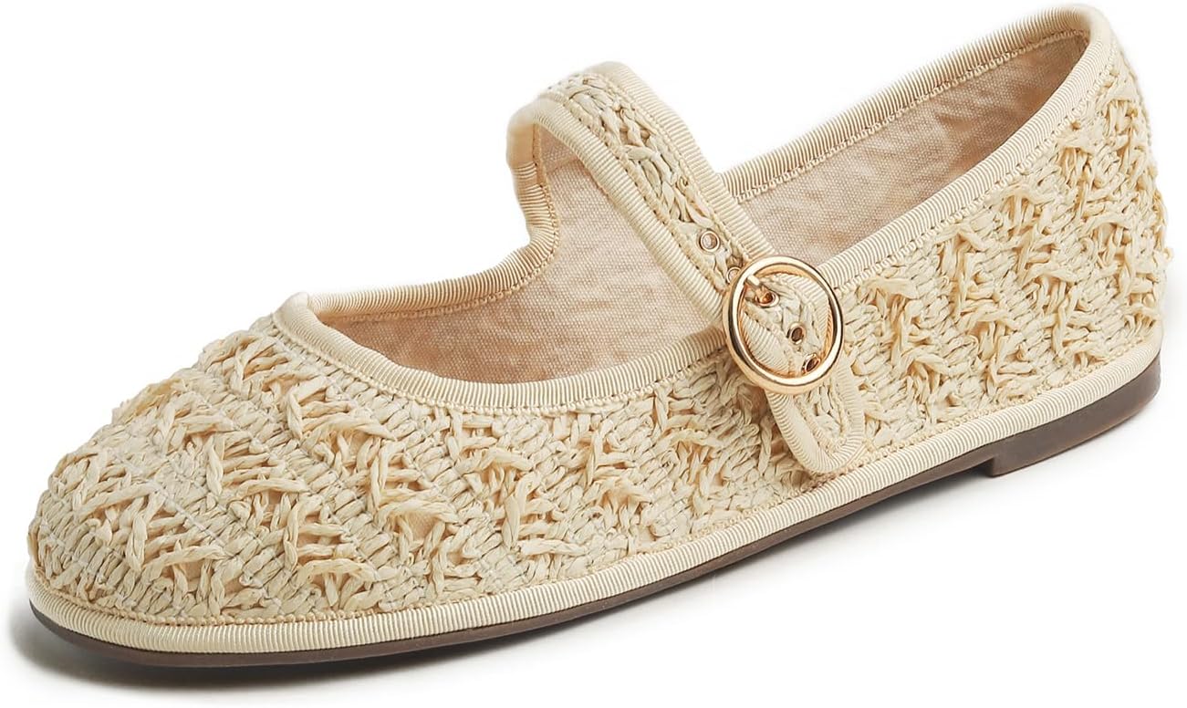 Beige Raffia Mary Jane With Round Buckle