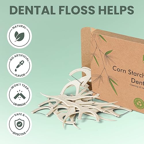 Miniatura 4 de Paquete de 75 palillos de hilo dental natural, varillas de hilo dental orgánico biodegradables con hilo de carbón de bambú fuerte y mango de almidón
