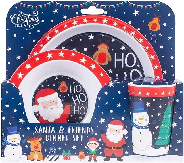 RSW INTERNATIONAL Christmas 3 Piece Melamine Feeding Set Cup Bowl Plate Santa and Friends