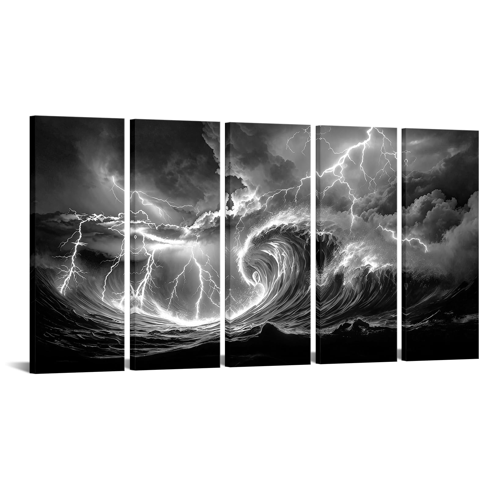 Biuteawal 5 piezas de arte de pared con diseño de olas del océano, relámpago, blanco y negro, imágenes enmarcadas de paisaje marino, decoración moderna para el hogar y