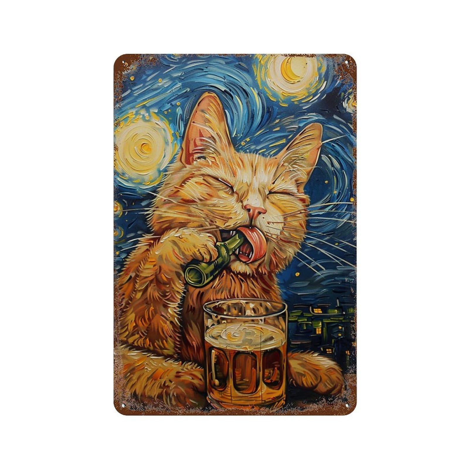 Starry Night Cat with Beer Rust Effect Tin Sign 11.8"x7.9", Vintage Wall Decor for Garage, Pub Or Kitchen