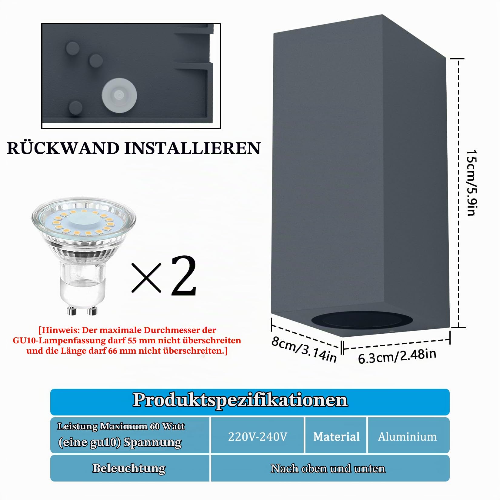Aipsun 2 Stück Wandleuchten GU10 Außen/Innen Anthrazit