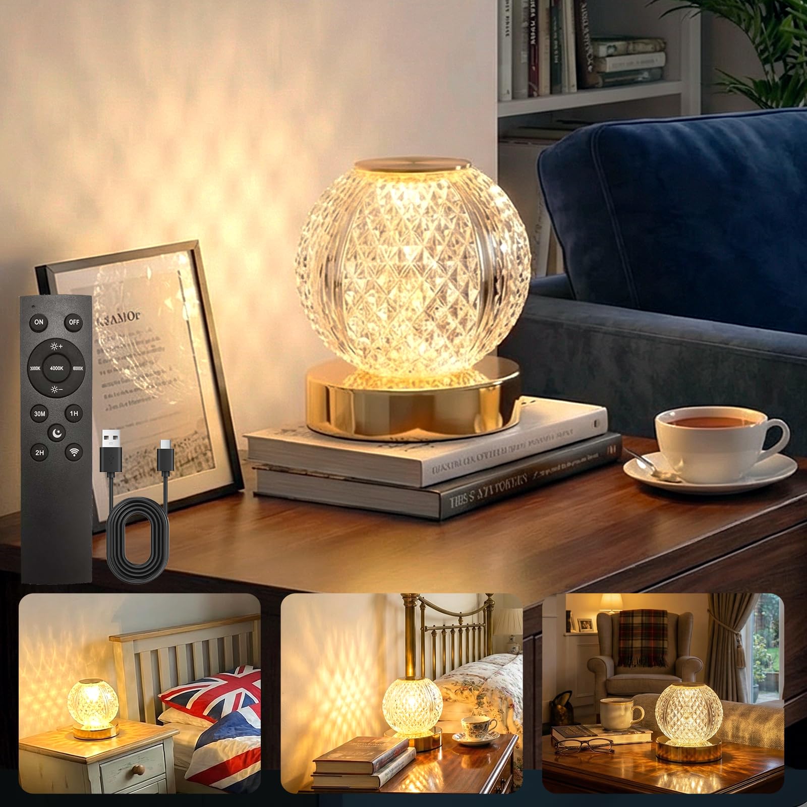 – Rechargeable Table Lamp, Touch Bedside Light with Crystal Effect,Remote & 3 Colors Dimmable LED Night Light for Bedroom Living Room(Gold)