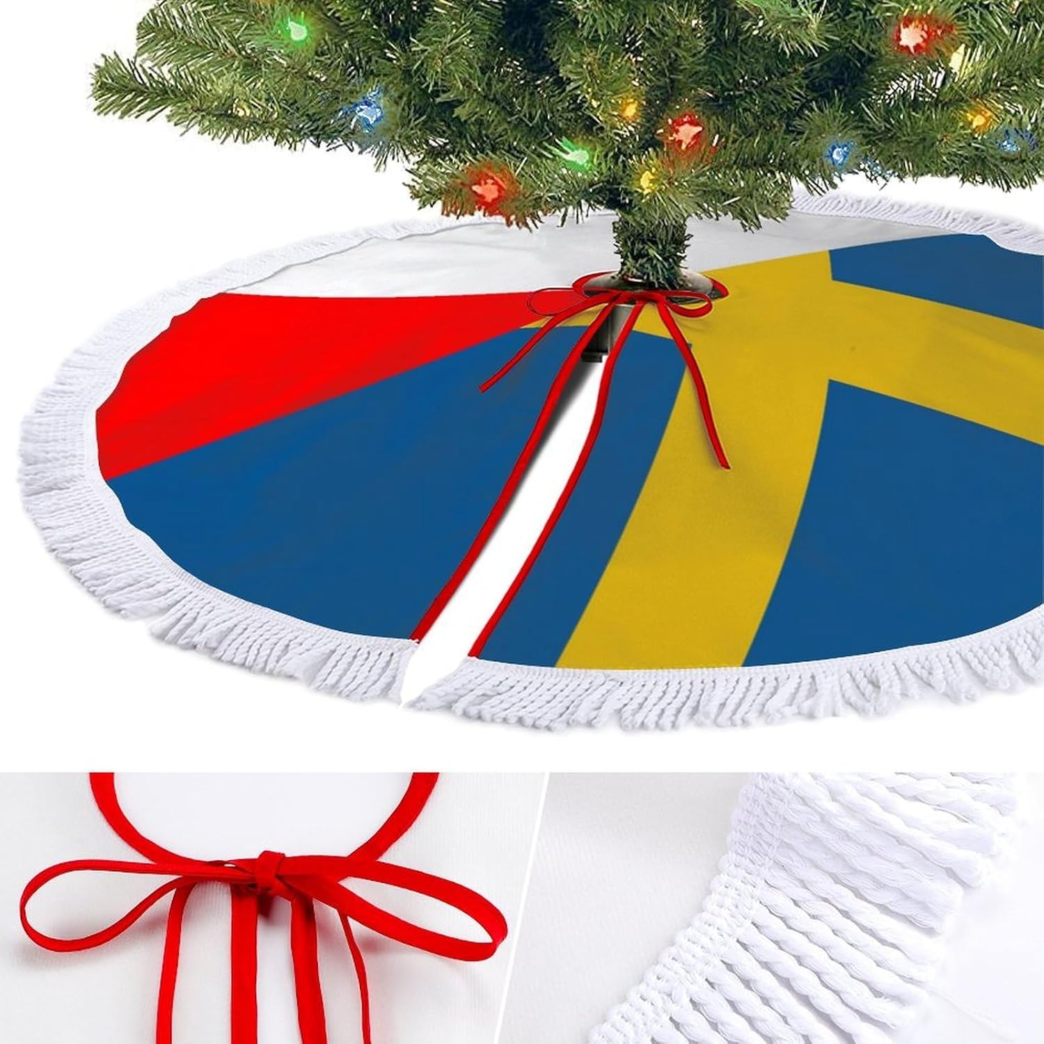 Flag of Indonesia and Sweden Funny Christmas Tree Skirt with Tassels Mat Decorations Under Xmas Trees
