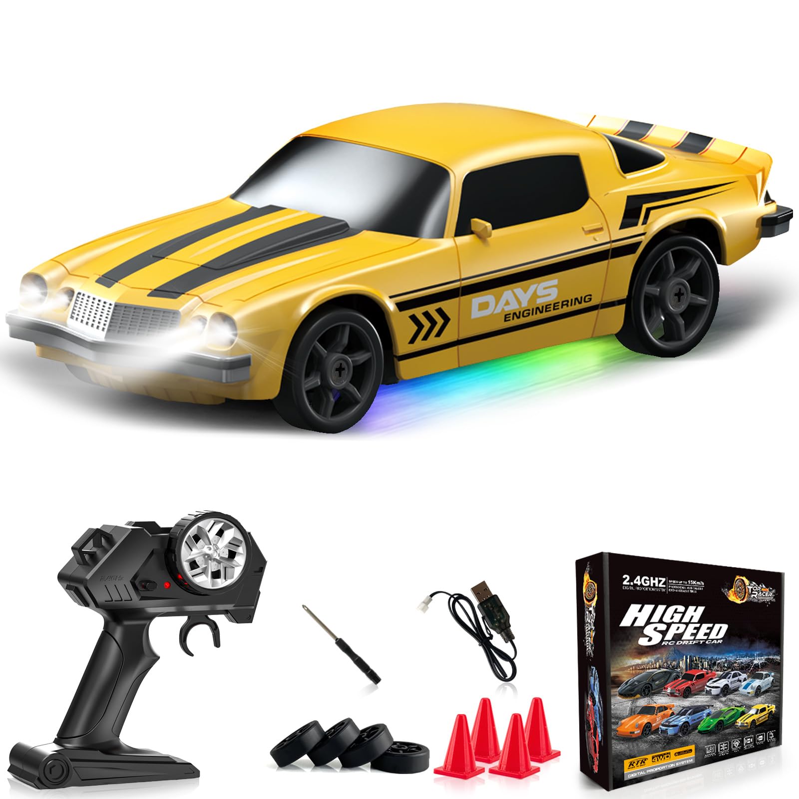 Remote Control Car RC Drift Car 2.4GHz 1:24 4WD 15KM/H High Speed Racing Sport Car with LED Lights Drifting Tire Racing Sport Toy for Adults Boys Girls Kids Gift