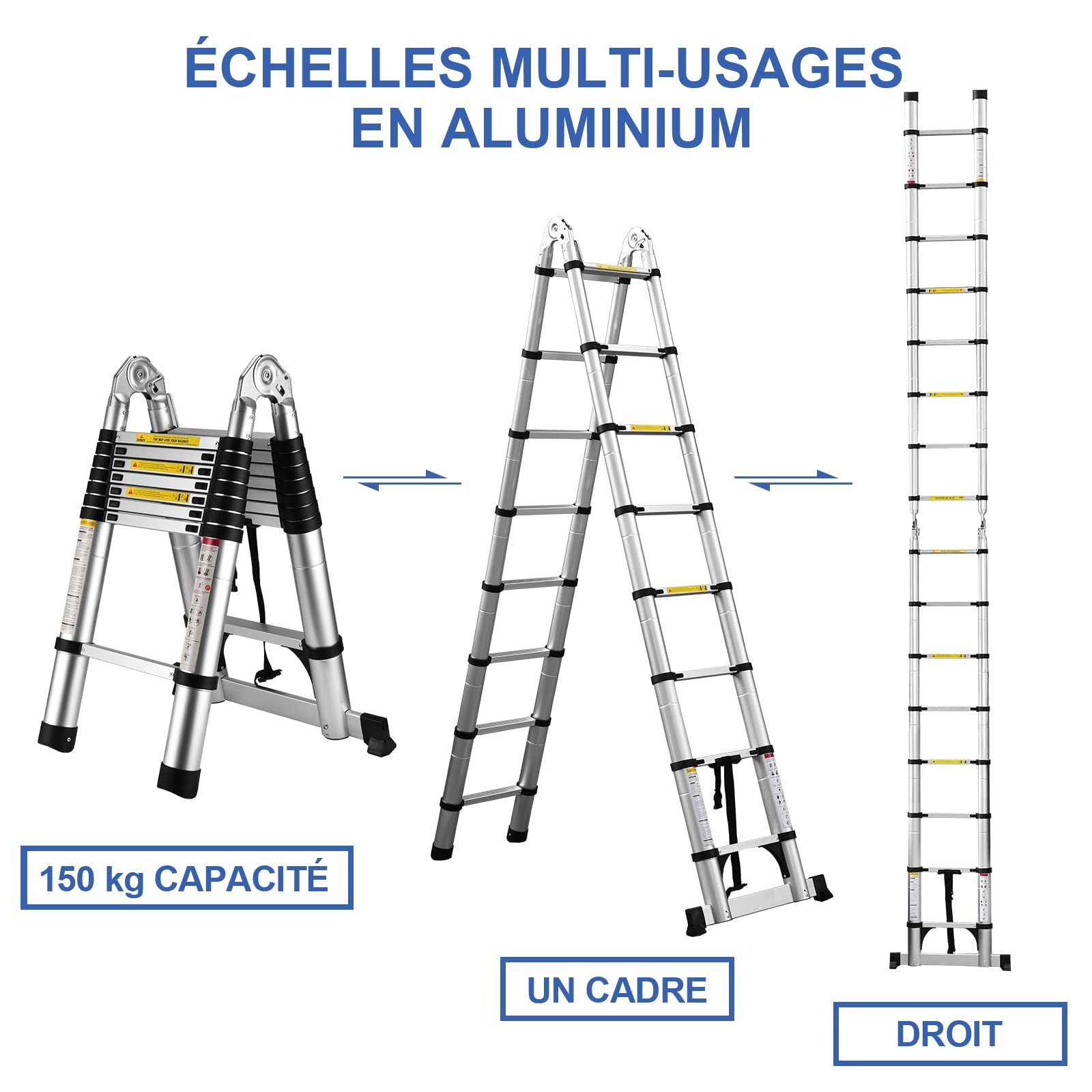 Échelle télescopique en Aluminium, 5 m, Pliable, Multifonction, escabeau Extensible, Charge maximale : 150 kg, argenté