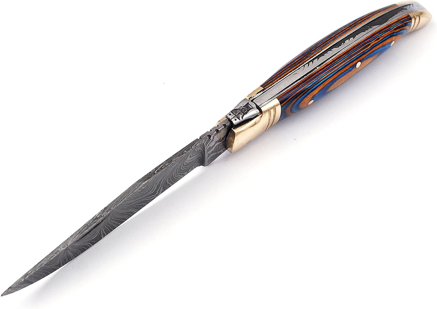 Damascus Steel Folding Laguiole Pocket Knife, 8.5 Inches Long, 4 Inches Blade, Blue Wood Scale, Brass Bolster, Leather Sheath (Grey)