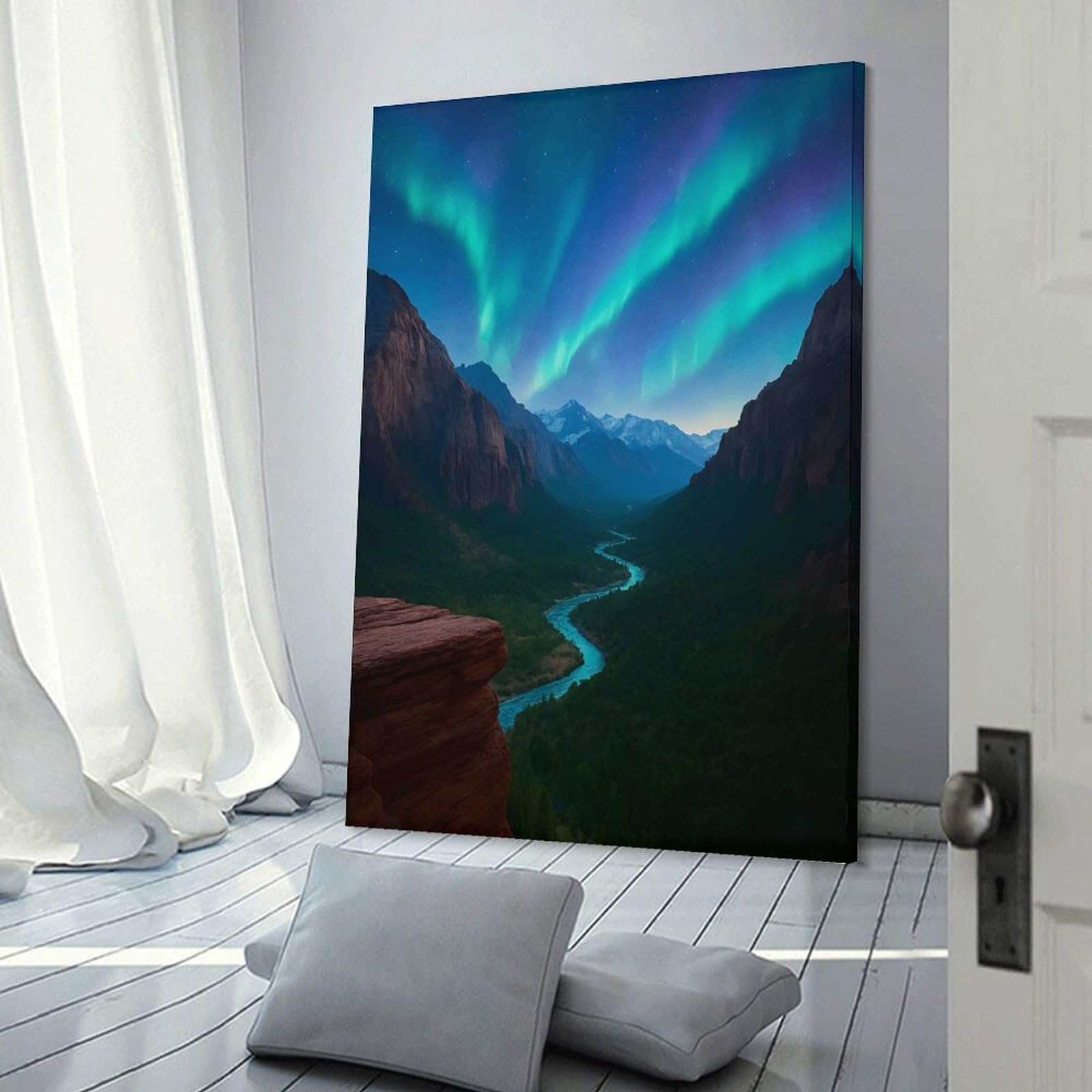 Junmoney Aurora Borealis over Mountain River Valley Wall Picture Print 24x36inch(60x90cm), for Home Walls, Creative Rooms Or Shared Spaces, Stylish Home Artwork for Focal Walls
