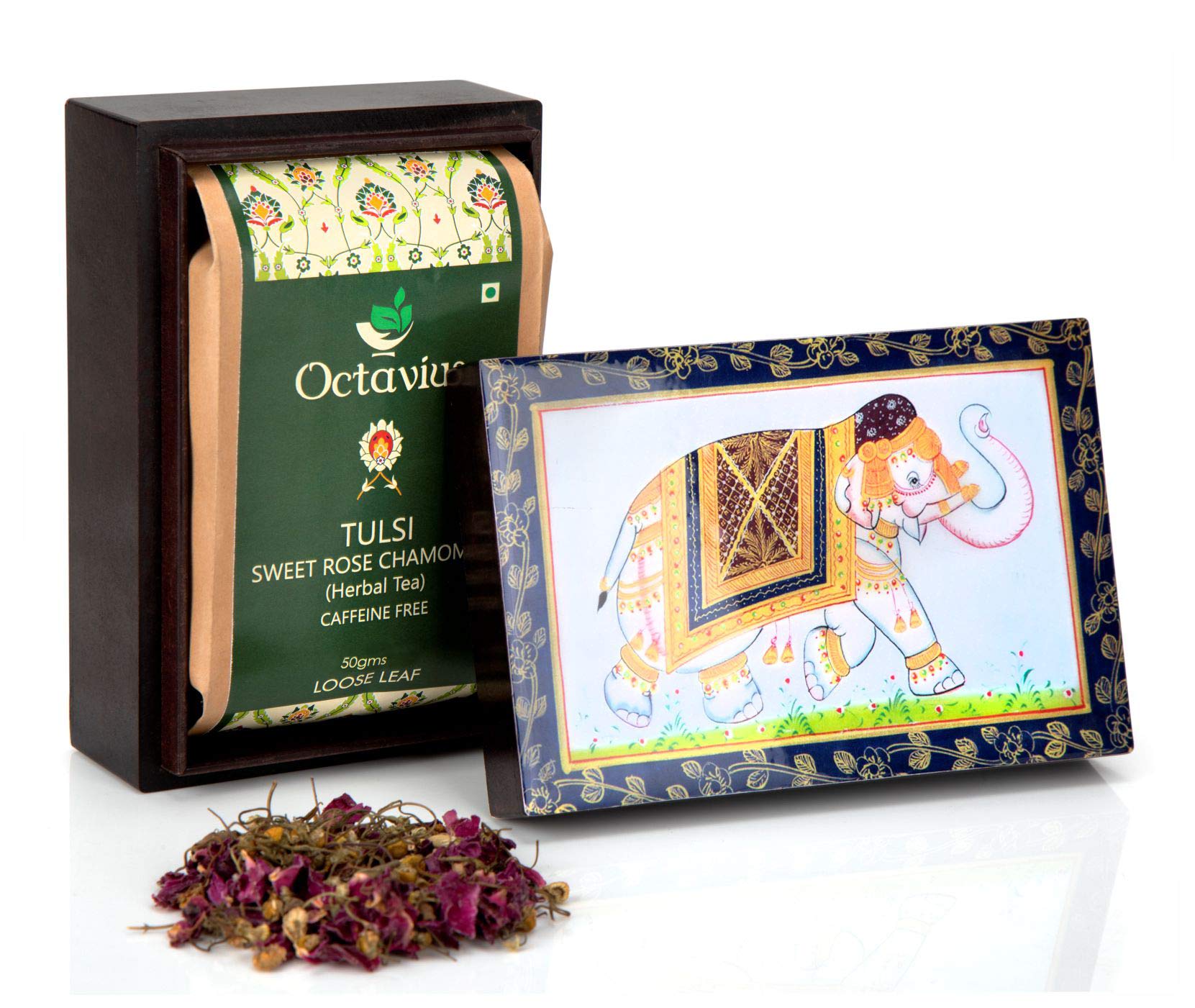 Octavius Tulsi Rose Chamomile Tisane Whole leaf tea in Darkwood Handcrafted Wooden gift box with Traditional Indian Elephant Pattern On The Lid | Caffeine Free | - 50 Gms (50 Servings) - Image 4 thumbnail