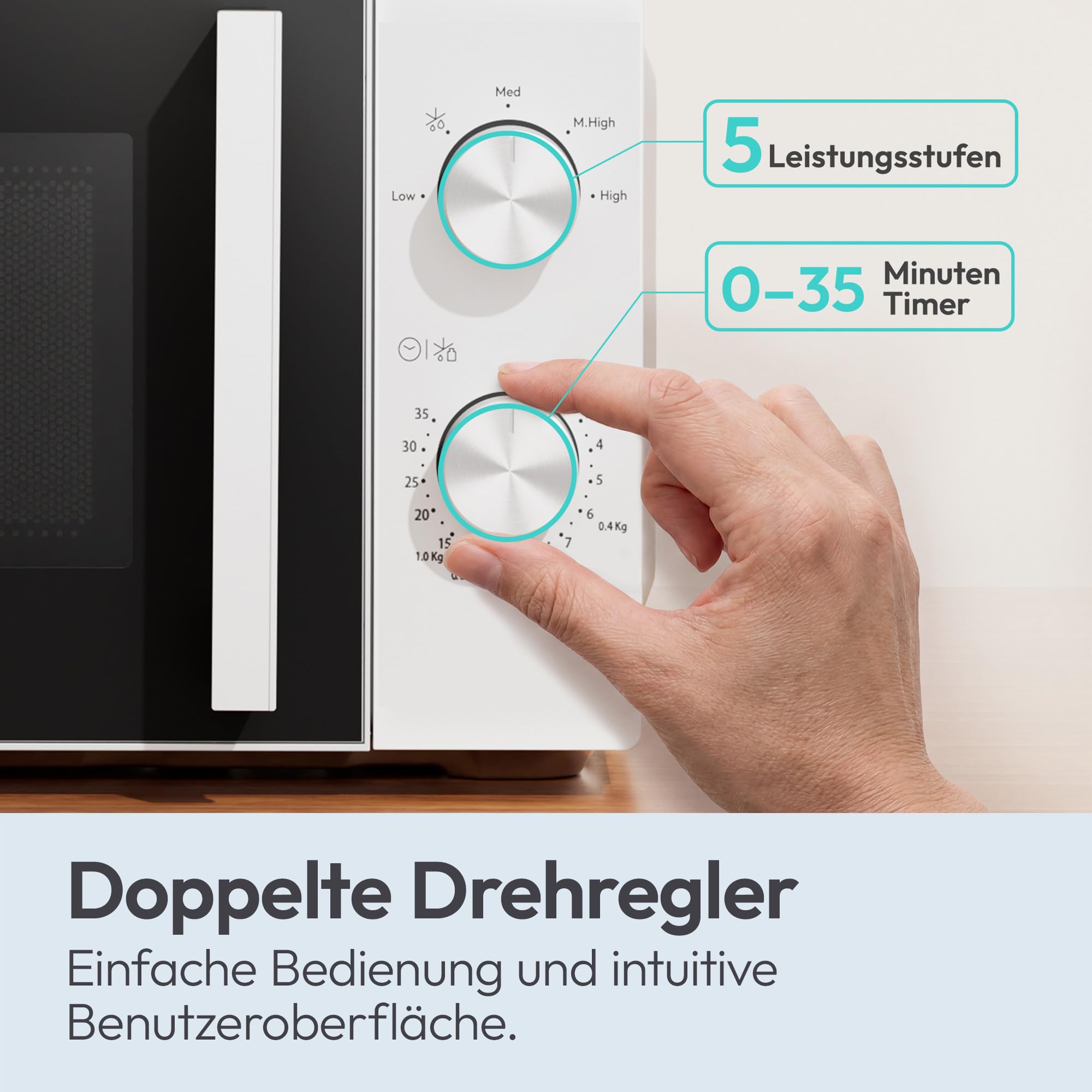 Candy Mikrowelle freistehend bis 700 Watt, Mikrowellengerät mit Drehteller, 5 Leistungsstufen, 20 Liter, manuelle Drehreglersteuerung, Auftaufunktion, leicht zu reinigen, weiß