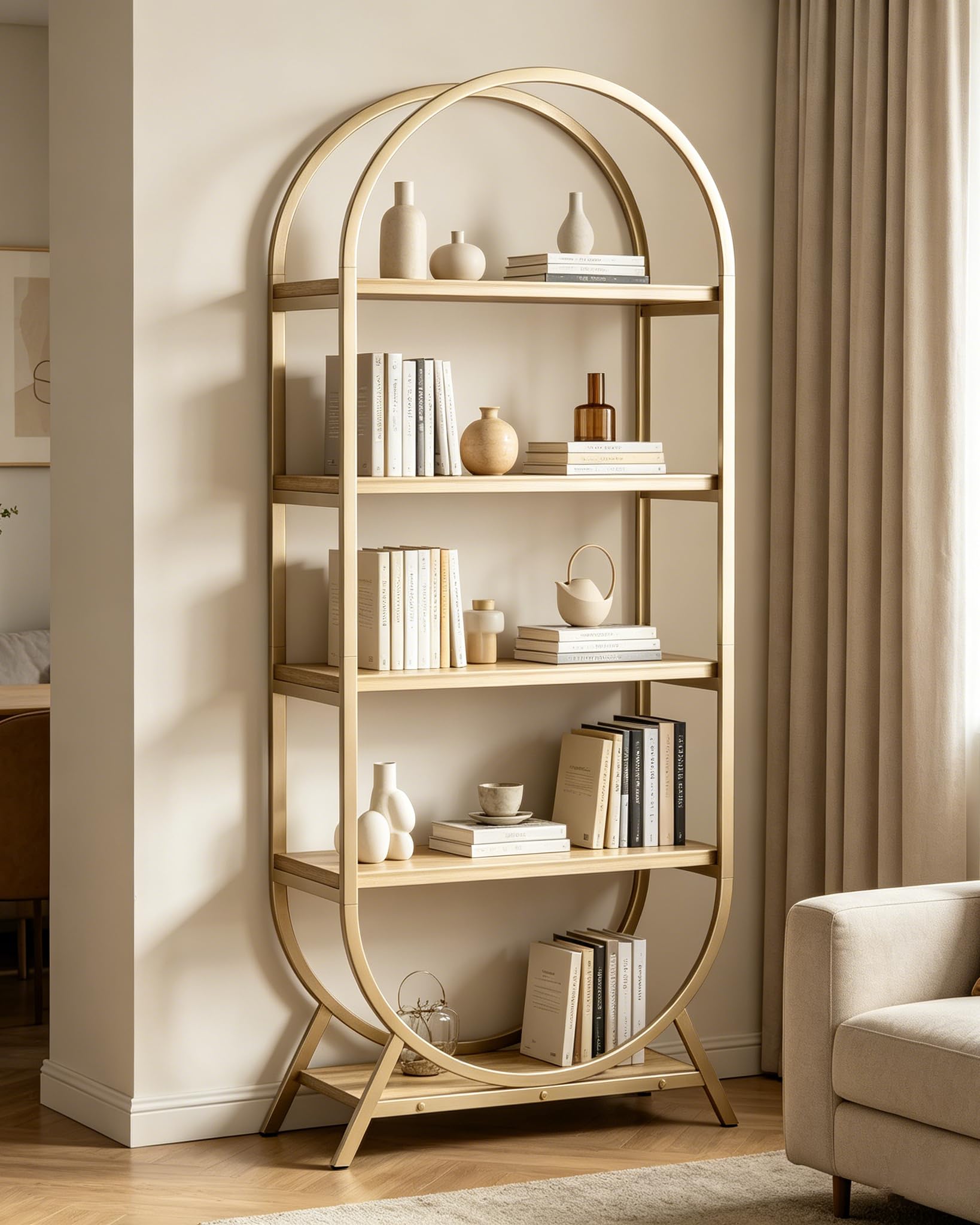 Photo 1 of Kogven Bookshelf Arched Bookcase, Industrial 5 Tier Open Book Shelves with Metal Frame, 72" Tall Freestanding Display Rack for Home Office, Living Room,Nature Wood and Gold