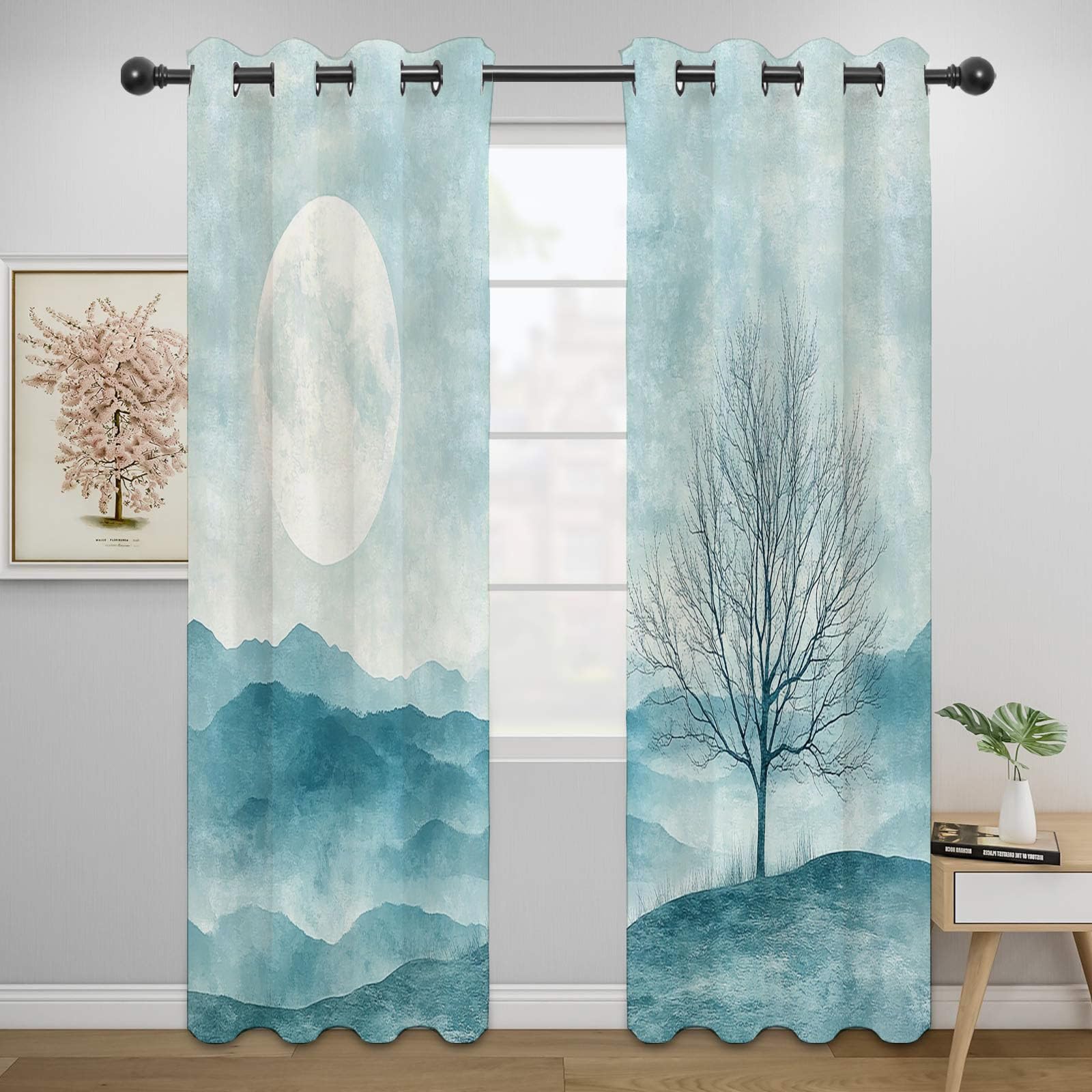 Vorhang Mit Abstrakte Linien Mondbaum Blickdichte Thermo Vorhang Kälteschutz Blackout Curtain Mädchenzimmer Schlafzimmer Verdunkelung-H220 x B132 cm (2er Pack)