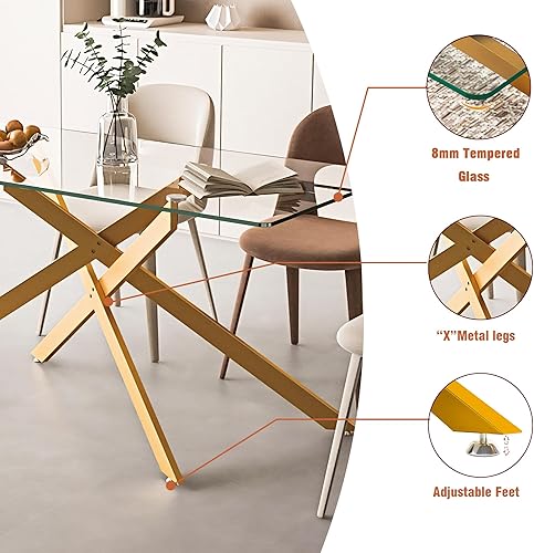 Miniatura 51 de Mesa de comedor de cristal de 51 pulgadas para 4, mesa de comedor rectangular contemporánea con parte superior de vidrio templado y patas de acero
