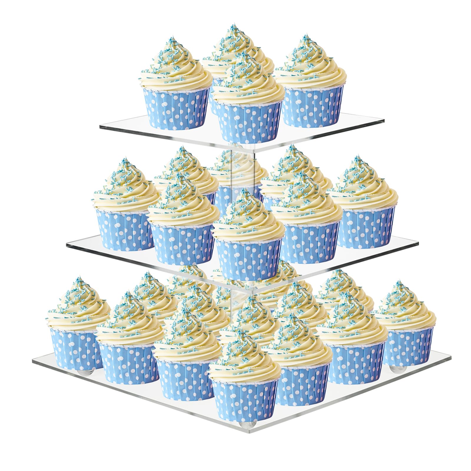 ECOSEAO Supporto per cupcake, 3 livelli, trasparente, quadrato, per cupcake, dessert, pasticceria, torre, supporto per matrimonio, compleanno, decorazione per la casa (25,4 cm)