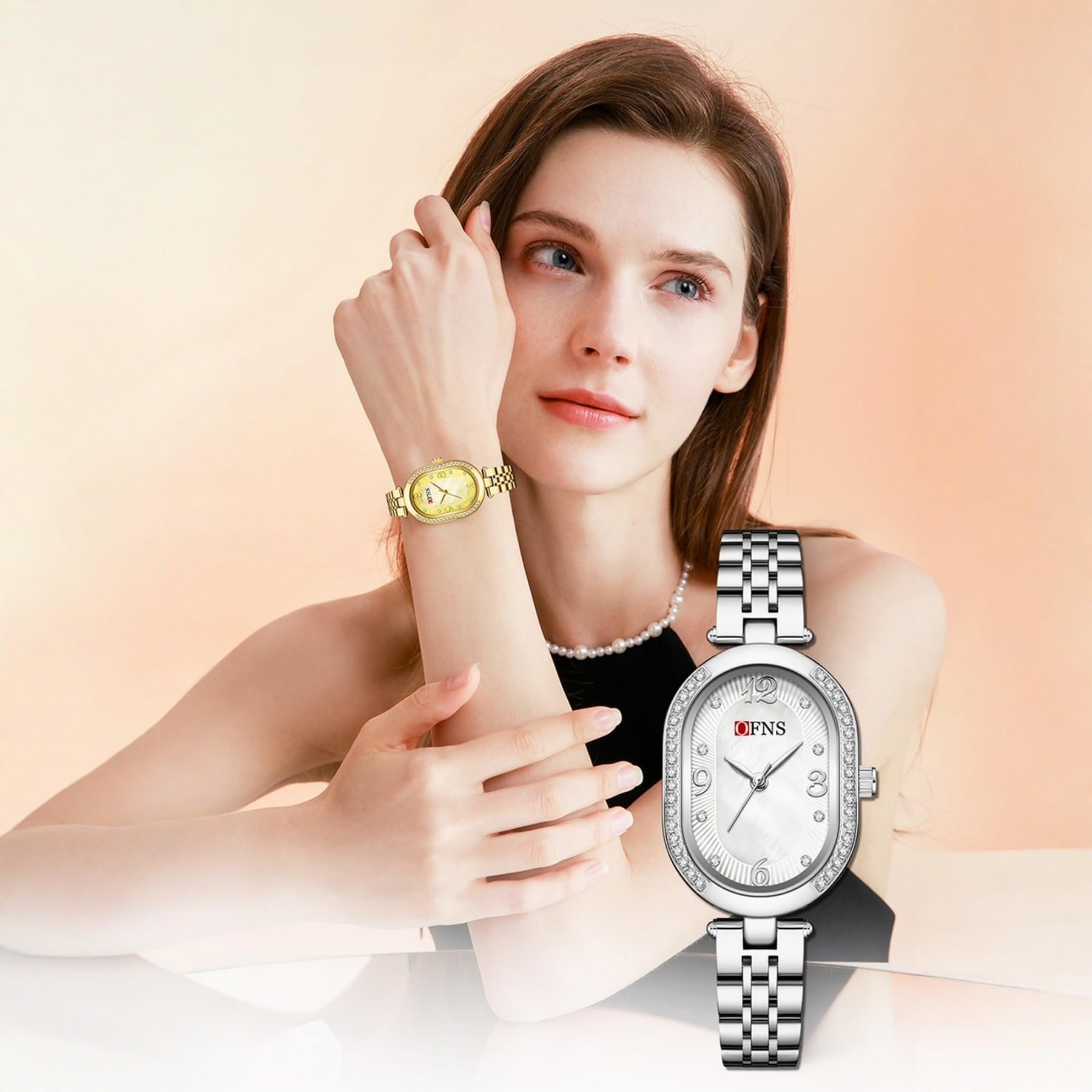 OFNS Reloj de mujer ovalado con diamantes y esfera de nácar, diseño minimalista clásico, acero inoxidable, para mujer