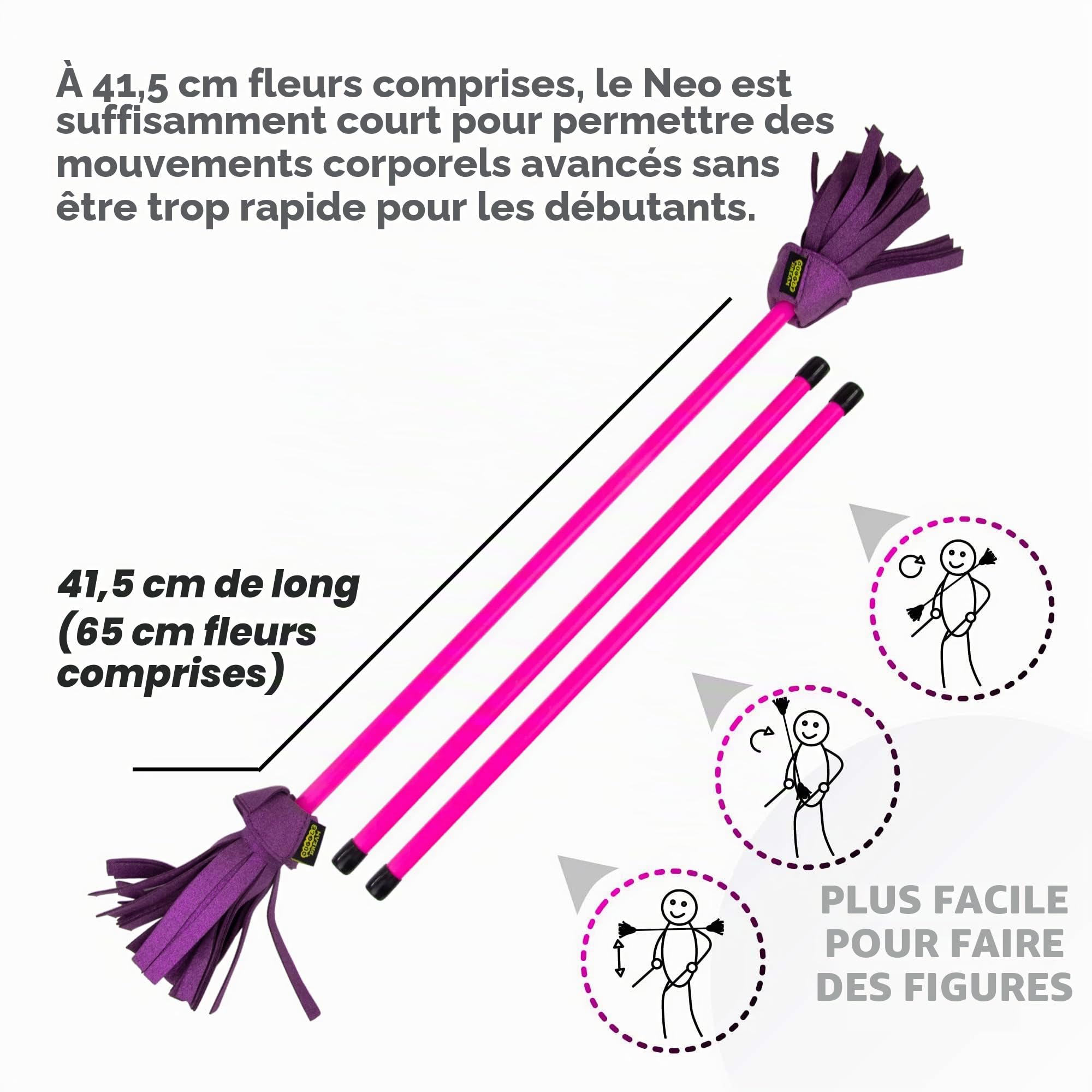 Juggle Dream Neo Flowerstick Kit Comprenant Baguettes en Fibre de Verre, Grip en Silicone, Franges en Daim, Jonglier Flower Stick (Rose/Violet)