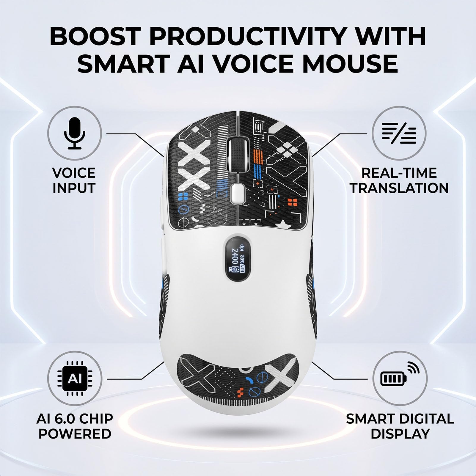 Souris Vocale AI, 120 Langues, Batterie Rechargeable 600 MAh