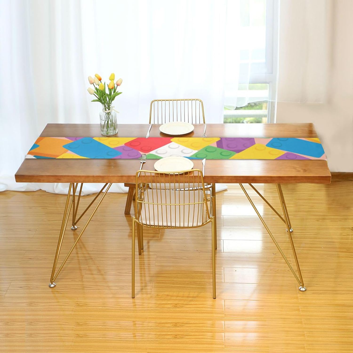 Colorful Cartoon Cute Building Block Decorative Farmhouse Table Runner, 13x70inches, Garden Party Decorations for Summer Reusable Table Runner Christmas 70" Long