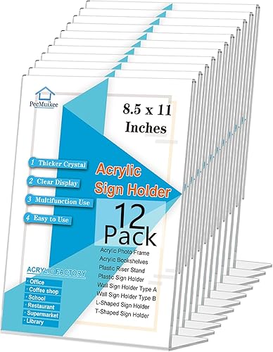Soporte de letrero acrílico de 8.5 x 11 pulgadas, soporte de escritorio inclinado para letrero acrílico y soporte de plástico en forma de L para