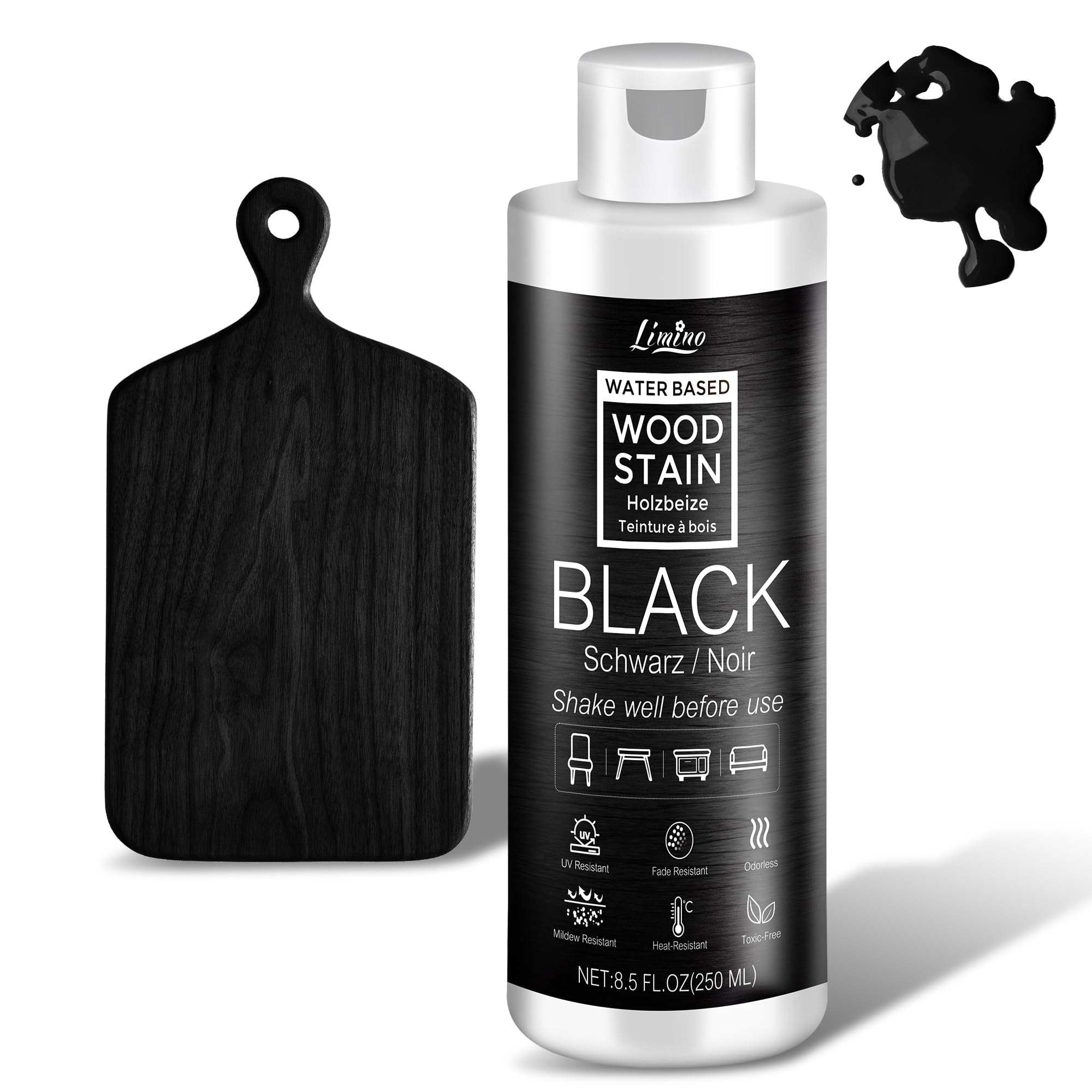 Water Based Wood Stain - Black | Wood Varnish for Indoor ＆ Outdoor Furniture, Wardrobe, Cabinets, Doors, Low Odor ＆ Non-Toxic, Fast Drying, Multiple Classical Finishes - 8.5fl.oz / 250ml