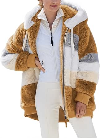 Dokotoo Womens 2023 Winter Fuzzy Fleece Jacket Hooded Color Block Patchwork Cardigan Coats Outerwear with Pockets