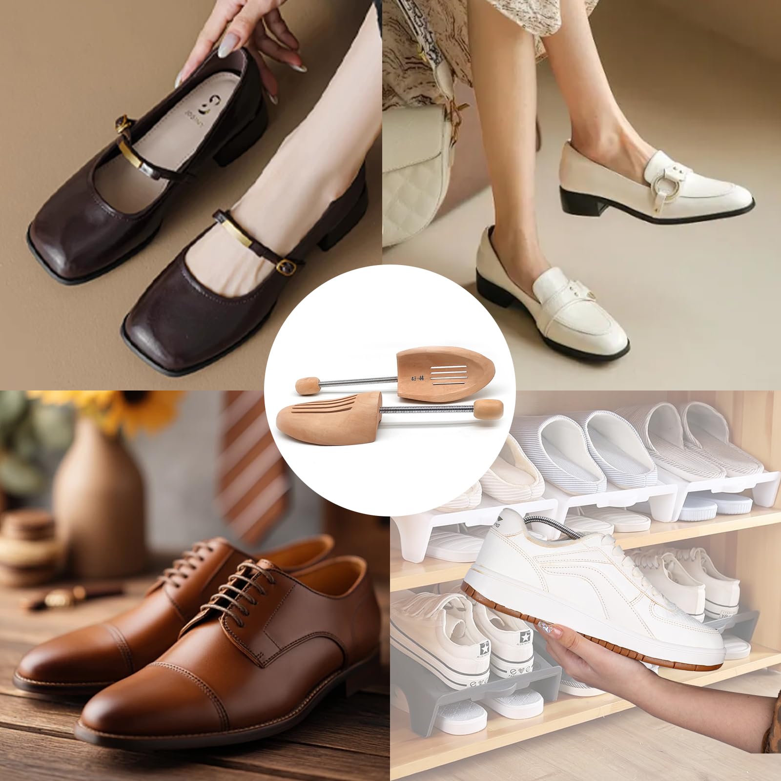 Árboles de madera para zapatos (paquete de 2) con cepillo de crin de caballo, estiradores de zapatos ajustables para hombres y mujeres para mantener la forma y reducir las arrugas, kit de