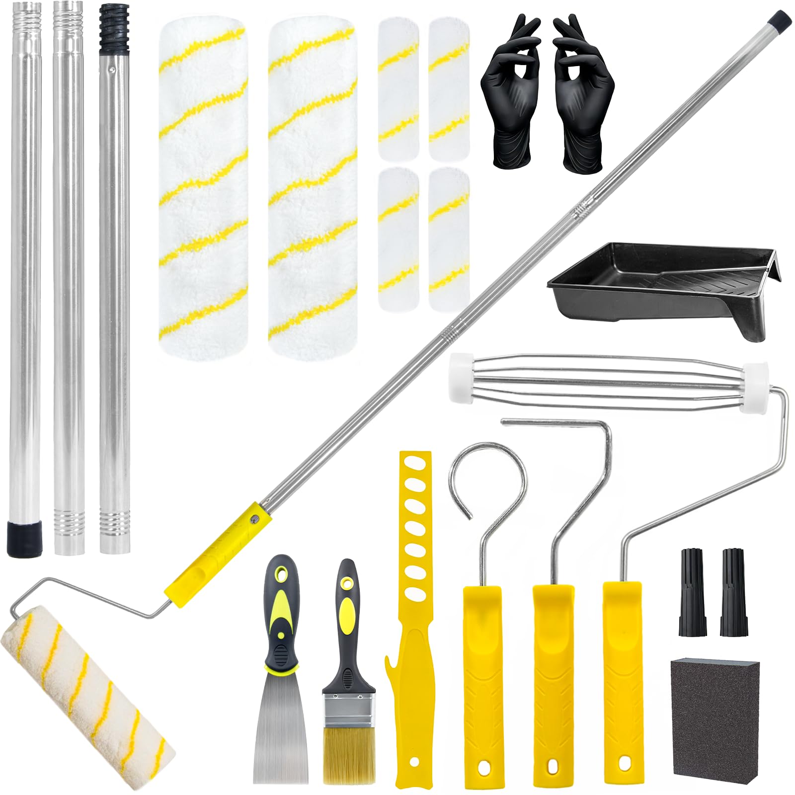 Set di 18 rulli per pittura con asta di estensione, kit di decorazione per la casa, rulli e vassoio con pennelli, set di rulli per dipingere pareti, soffitti, porte