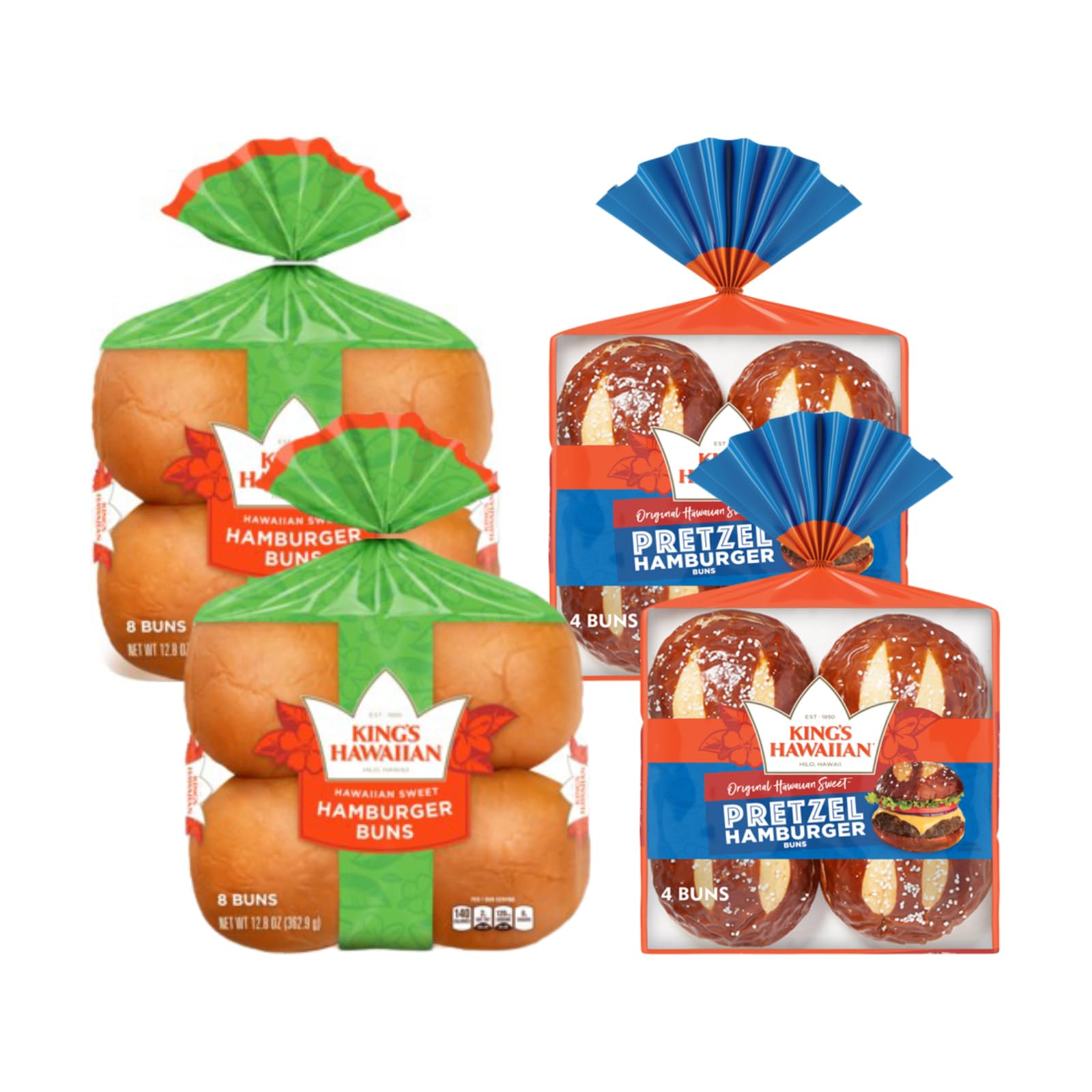 King's HawaiianSweet Pretzel Hamburger Buns, (10.5oz) & Original Sweet Hamburger Buns, (8ct) (2ea) Variety Pack