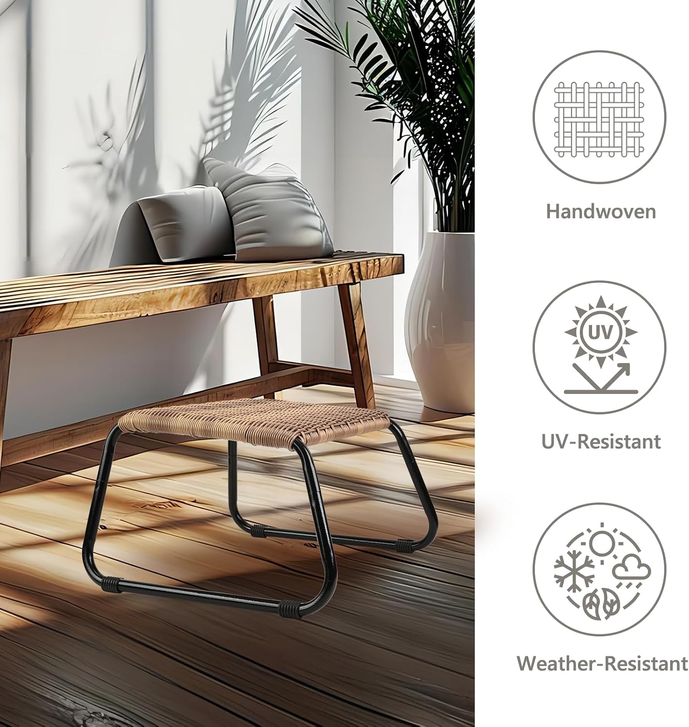 Outdoor Patio Footstools,PE Rattan Ottoman Wicker Foot Rest,Small Balcony Furniture Additional Seating Side Table for Outside 2 Set Beige