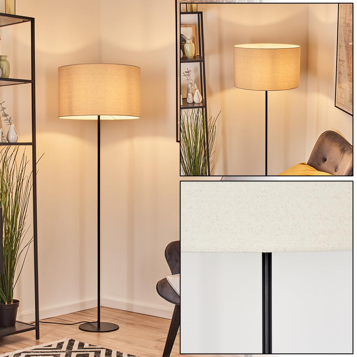 HOFSTEIN Stehleuchte Flemming, Stehlampe aus Metall im modernen Design mit Schirm aus Stoff, Ø 50 cm, 160 cm, E27, mit Fußschalter - Wohnzimmer, Schlafzimmer, Esszimmer, Flur