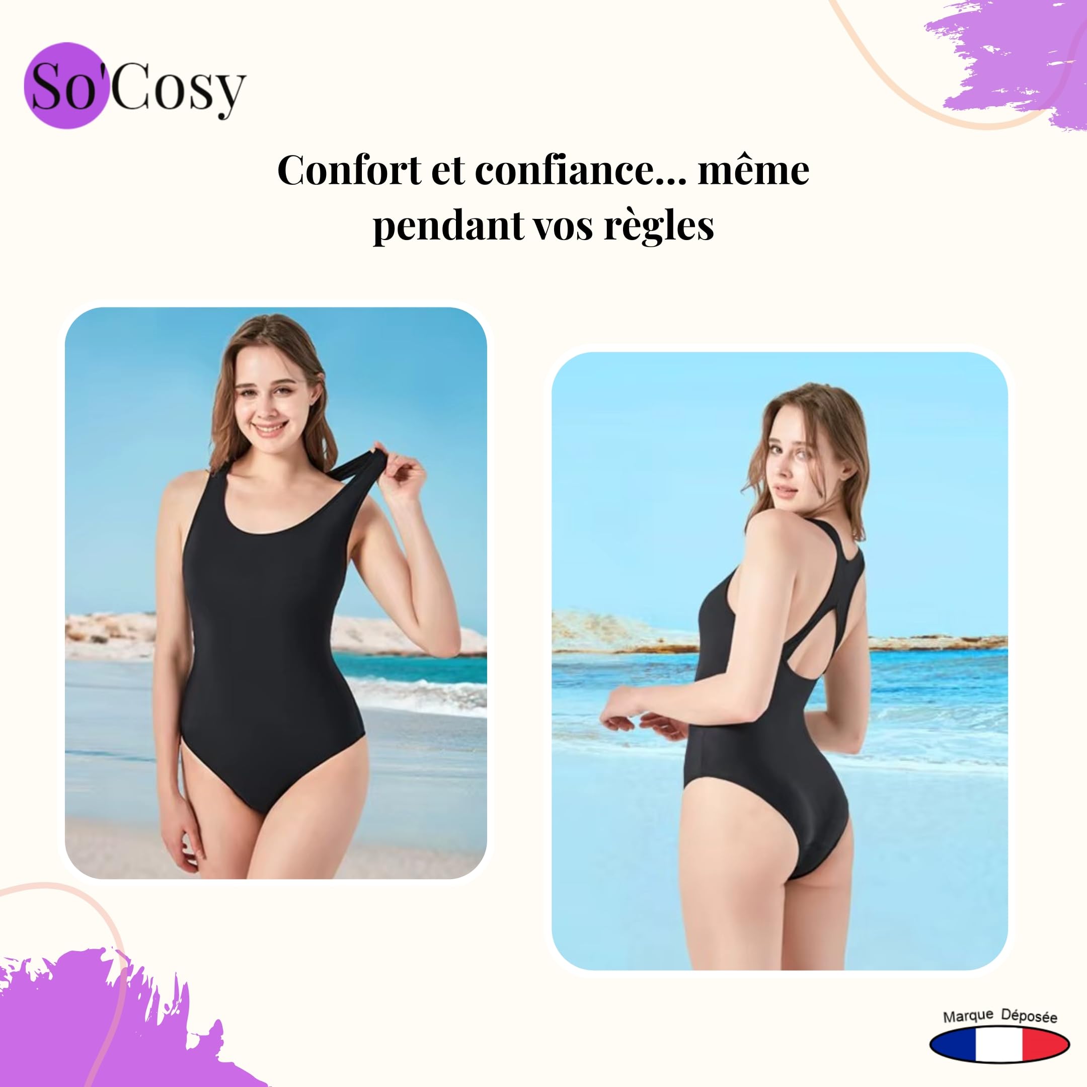 So'Cosy Maillot de Bain Menstruel 1 Pièce - Anti-Fuite Règles et Post-Partum, Flux Léger à Modéré - Étanche, Confortable, Discret - Femme & Ado
