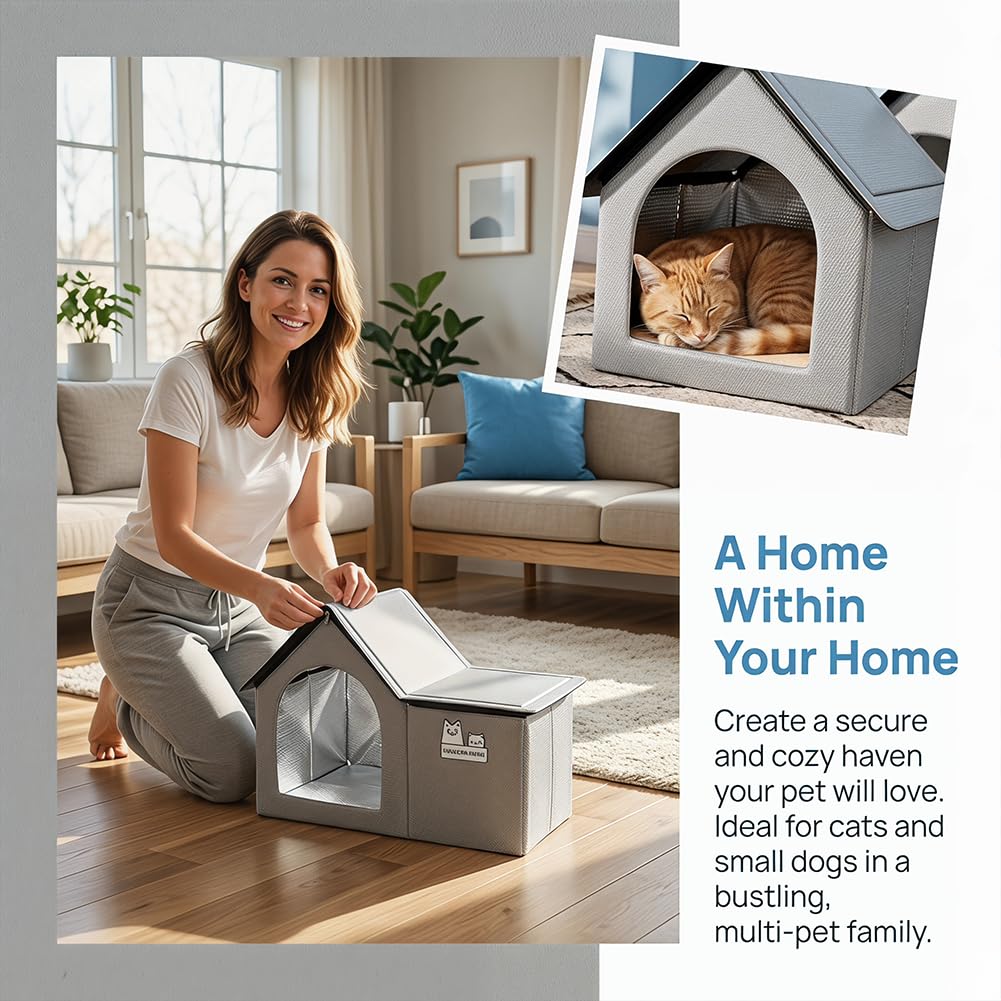 Pet Cooling House for Cats and Dogs, Foldable Outdoor Cat House with Ice Packs and Absorbent Cotton Bag, Insulated Pet Tent for Dog, Breathable Indoor Cooling Mat for Cats (Grey-M)