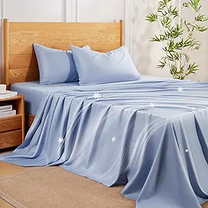 MR&HM Queen Sheet Set, 4-Piece Cooling Sheets, Rayon Derived from Bamboo & Polyester Blend, Soft & Silky, 15" Deep Pockets with Elastic Straps, Hotel Luxury for Hot Sleepers, Light Blue