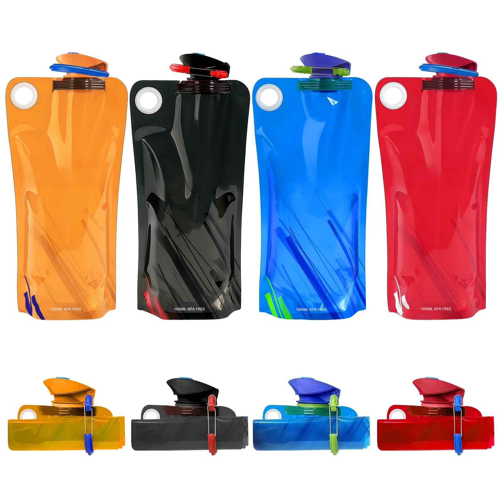 flintronic Faltbare Wasserflaschen, 4 Stück 1000ML Faltbare Trinkflasche, Wiederverwendbare BPA-freie Wasserflasche, Flexible Zusammenklappbare mit Clip für Outdoor-Sport, Reisen, Radfahren, Wandern