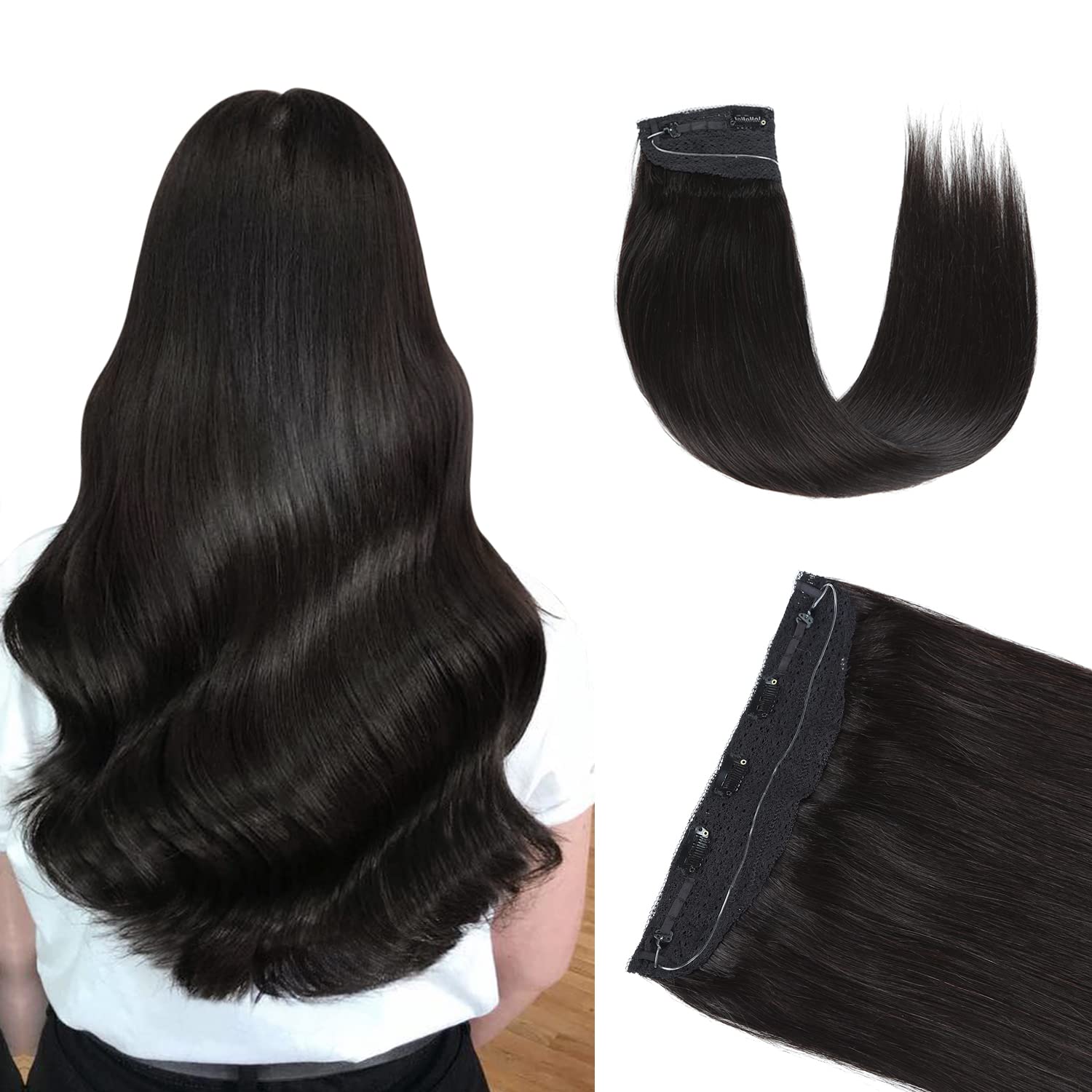 YILITEWire Hair Extensions Human Hair，Wire Secret Hair Extensions 20 inches 110g Silky Straight #1B Off Black Hair Extensions Real Human Hair Hair Extensions with Fish Line（20inch 110g Off Black）