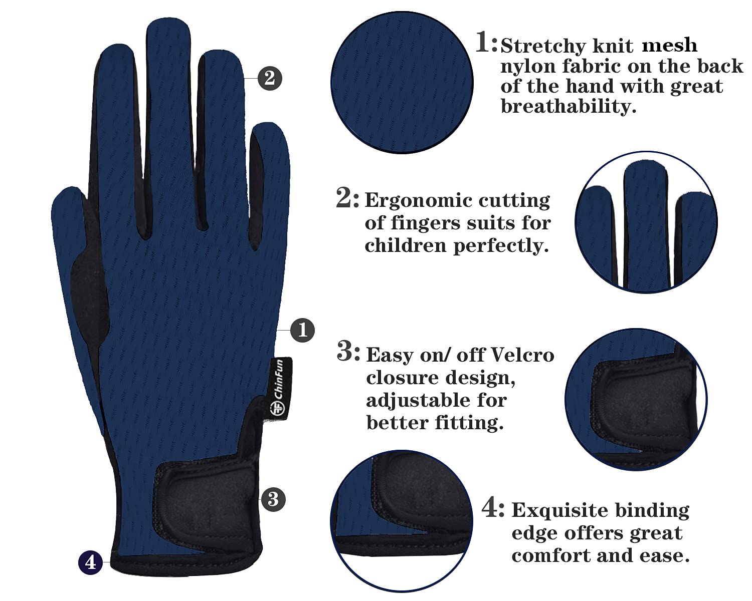 ChinFun Kids Horse Riding Gloves Child Summer Gloves Cycling Gloves Perfect for Cycling Riding Running Spring Outdoor Activities Cool Mesh Deep Blue Size S 6-8
