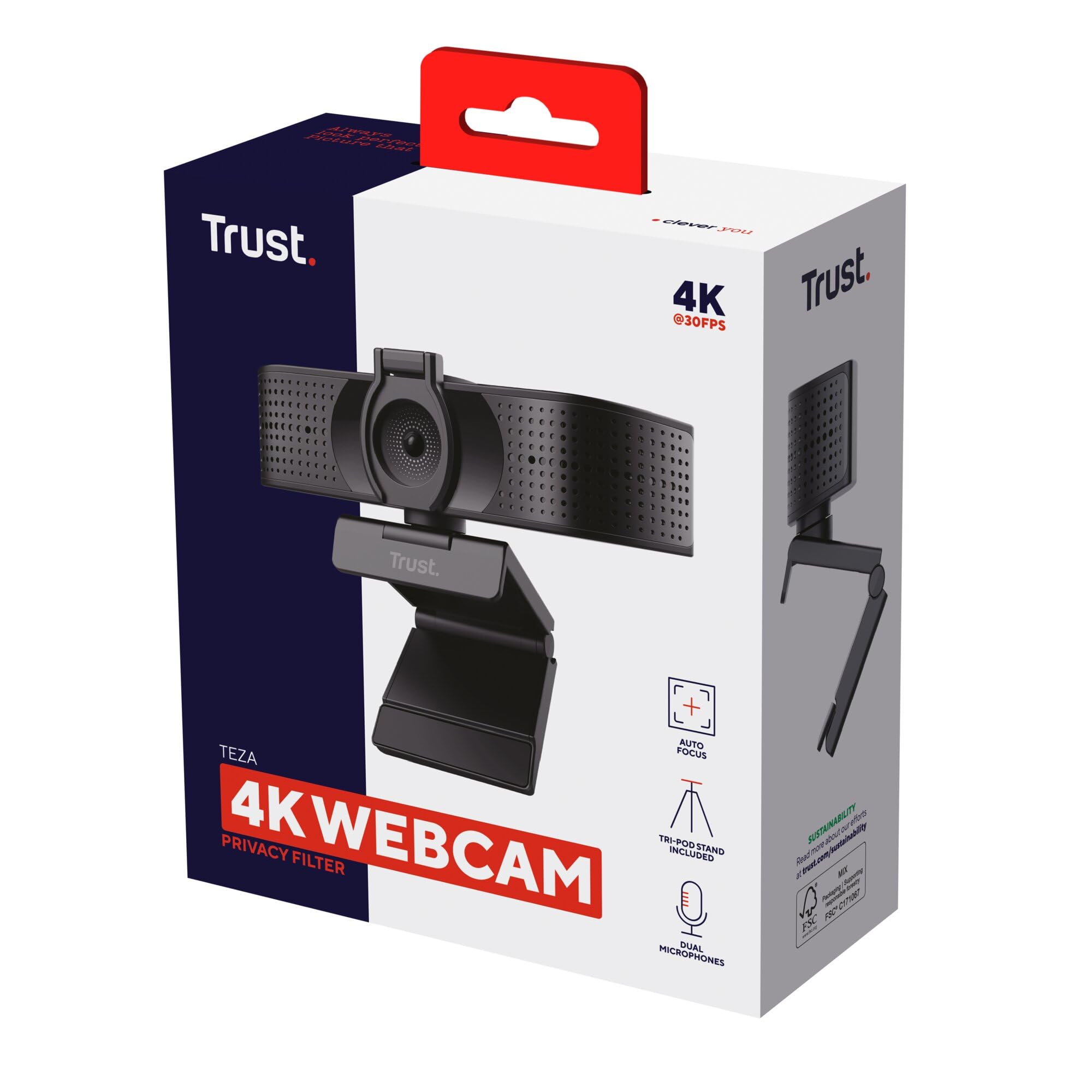 Trust Teza Webcam per PC 4K Ultra HD, 3840x2160, 2 Microfoni e Messa a Fuoco Automatica, USB Plug & Play, Web Camera per Teams, Zoom, Skype, Portatile, Laptop, Mac, Macbook - Nero
